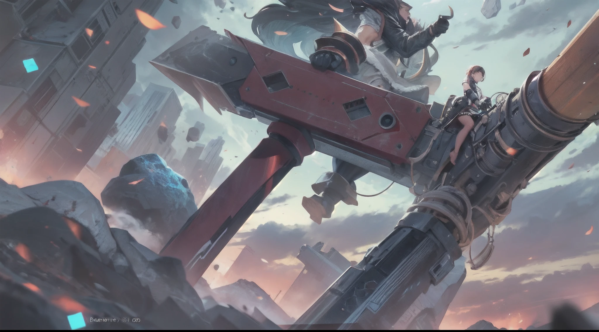 Sleepy designer riding on huge hammer, midnight, asteroid