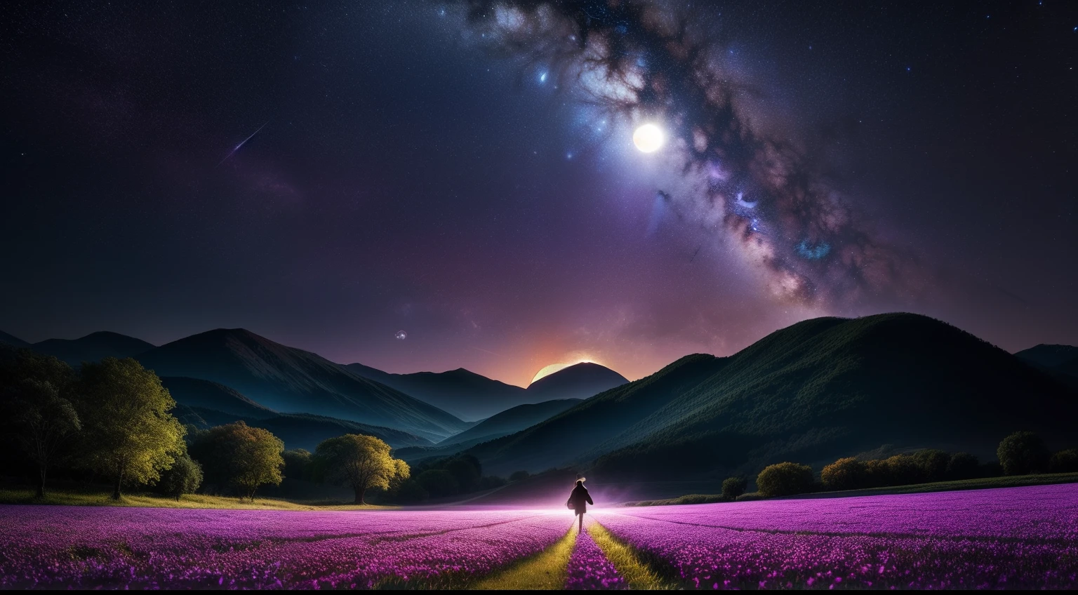 expansive landscape photograph , (a view from below that shows sky above and open field below), a girl standing on flower field looking up, (full moon:1.2), ( shooting stars:0.9), (nebula:1.3), distant mountain, tree BREAK
production art, (warm light source:1.2), (Firefly:1.2), lamp, lot of purple and orange, intricate details, volumetric lighting BREAK
(masterpiece:1.2), (best quality), 4k, ultra-detailed, (dynamic composition:1.4), highly detailed, colorful details,( iridescent colors:1.2), (glowing lighting, atmospheric lighting), dreamy, magical, (solo:1.2)