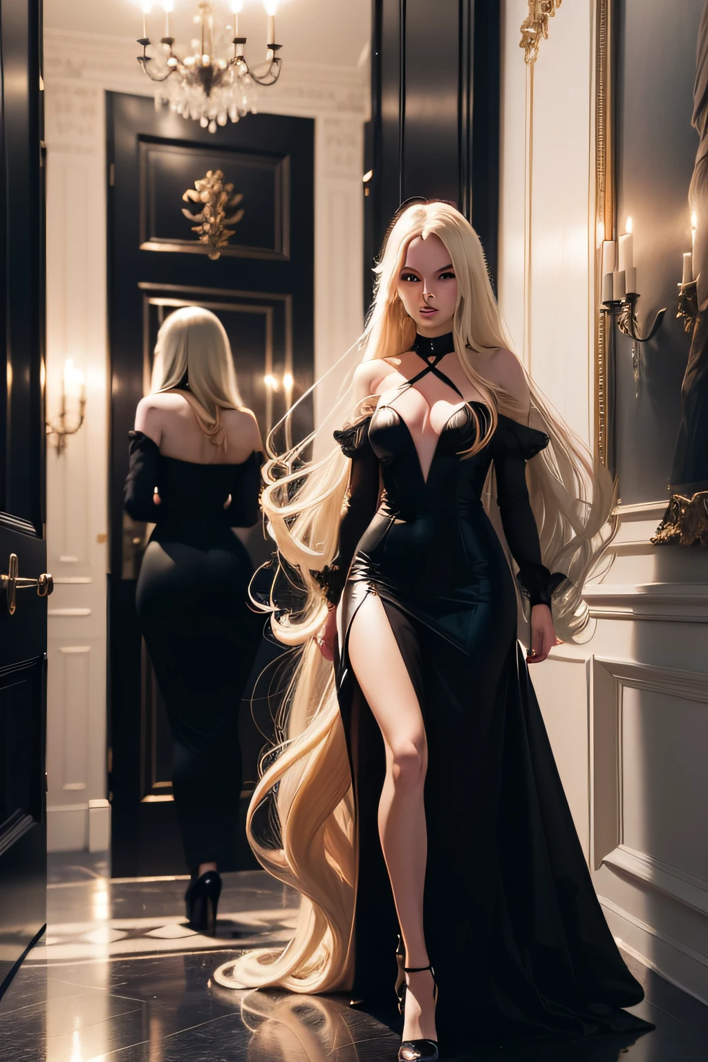 a woman, full body, (white, long Blond hair, face like angel , black short party dress, sensual look), on the stairs in front of a mirrored entrance, at night, in paris,