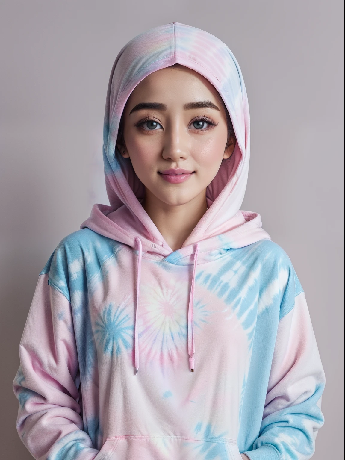 there is a woman wearing a white hijab and a pink and blue tie dye, white hijab, hijab, with cute - fine - face, dilraba dilmurat, colorful pastel, girl wearing hoodie, in pastel colors, background is heavenly, colourful pastel, she has a cute face, wearing a pastel pink hoodie, pastel color, beautiful aesthetic