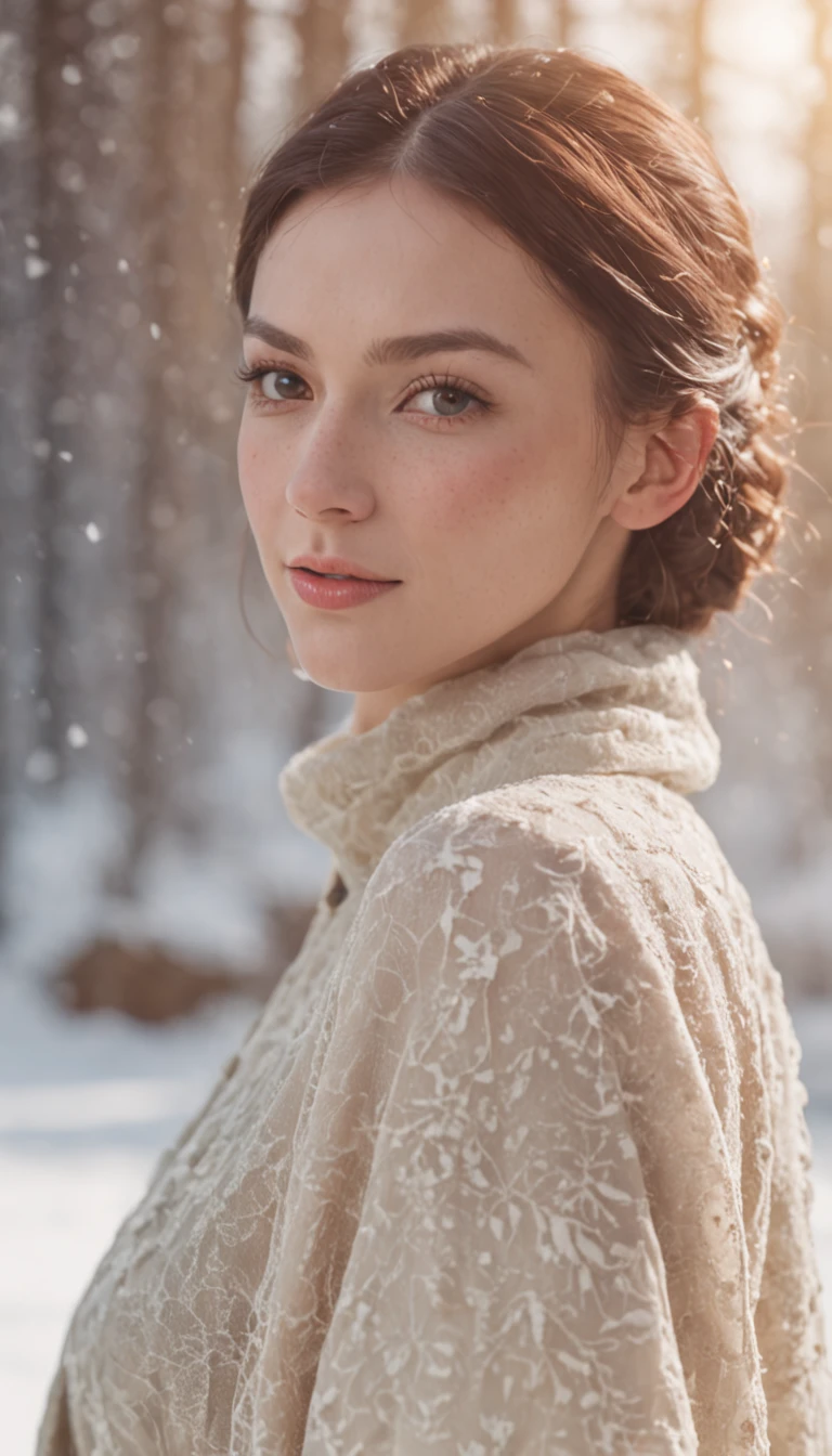 portrait of beautiful smiling woman with some freckles, snow-covered mountain landscape background,perfect eyes, dramatic lighting, golden ratio details aesthetic octane render excellent composition natural textures 8k masterpiece canon eos r4s 50, perfect eyes