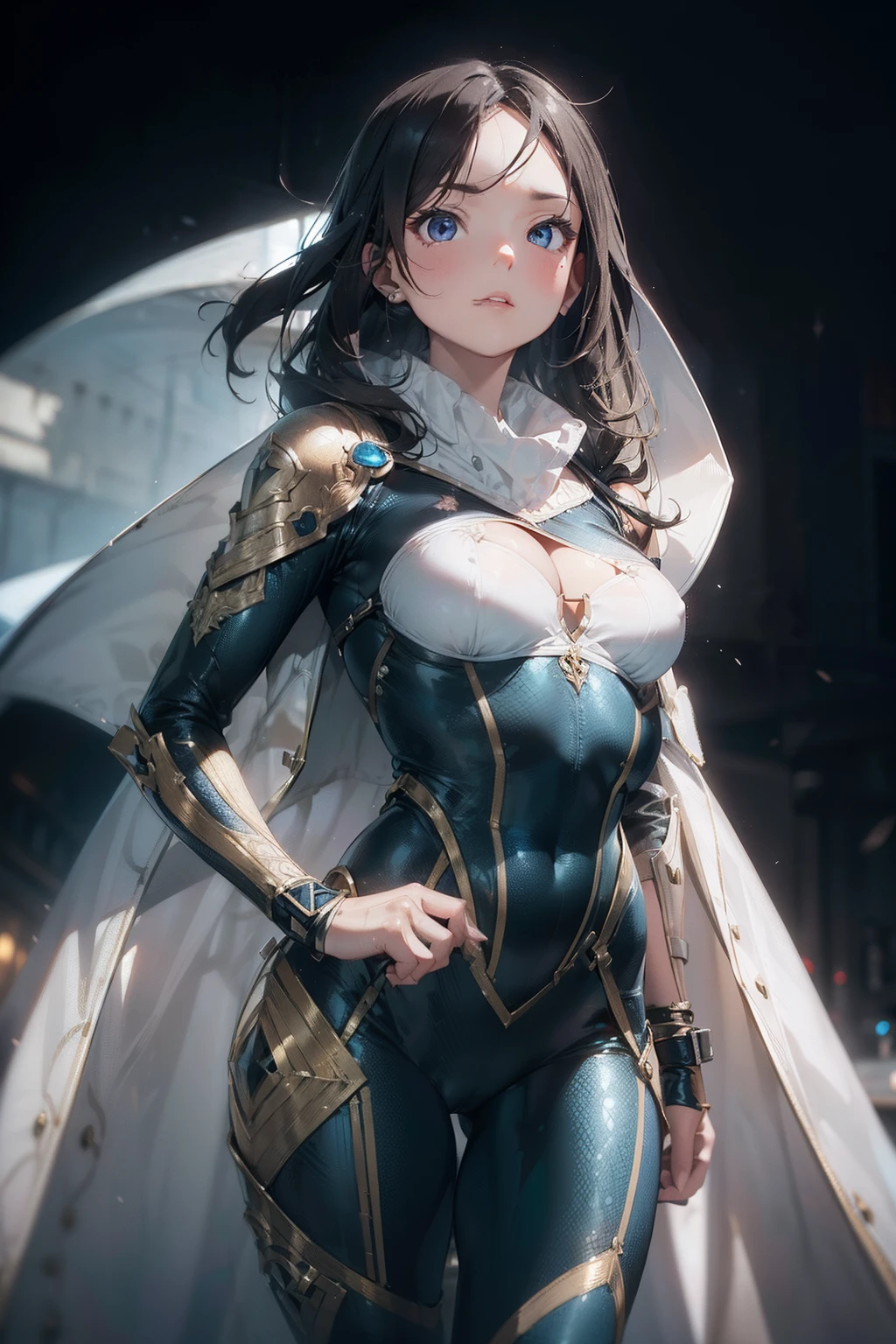 realistic and intricate perfect beauty face, cleavage cutout, big boobs to the waist (((slim beauty shape))), ((in realistic fantasy plugsuit outfit)), (((sharp focus))), masterpiece, 4k, UHD