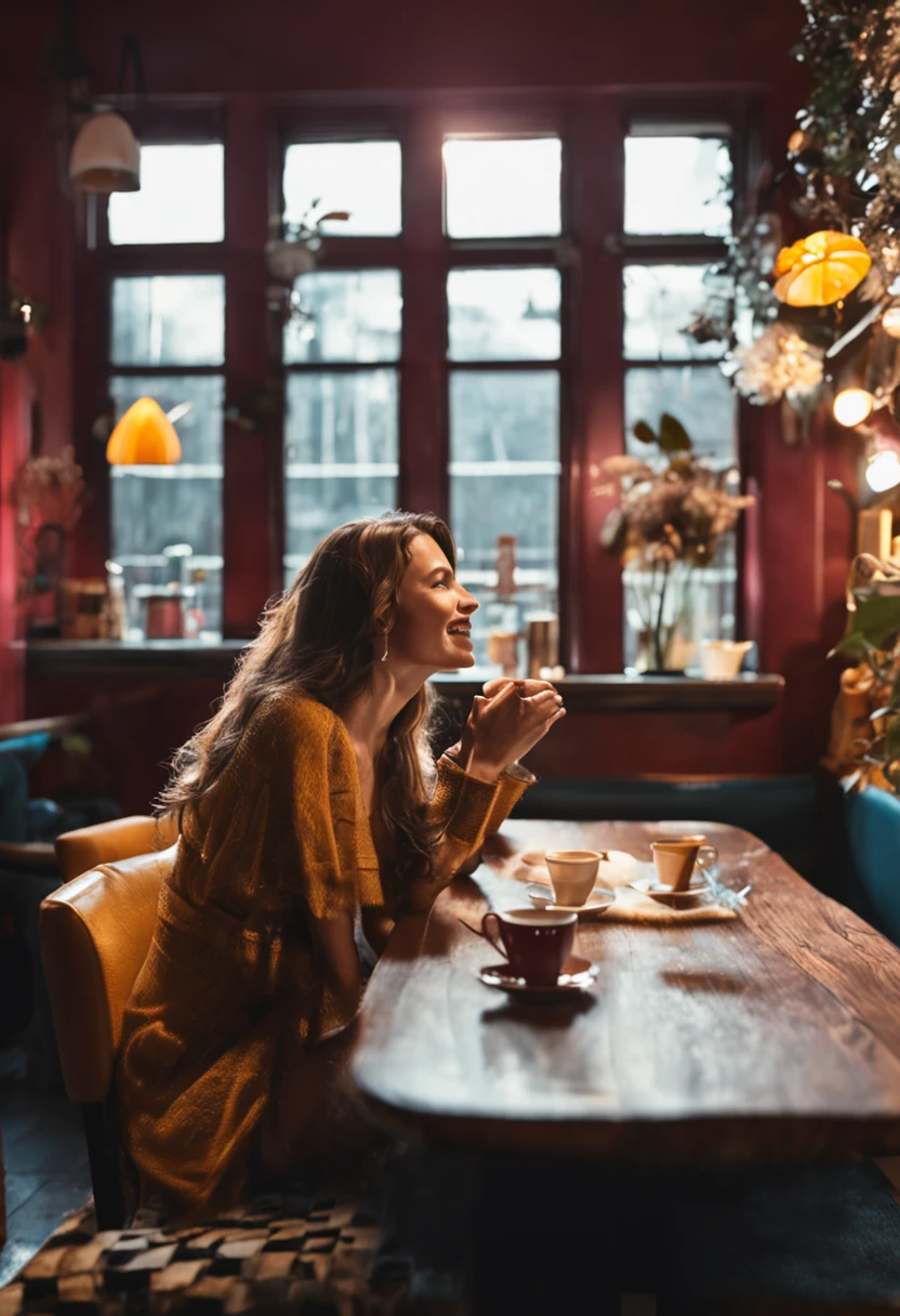 a pretty woman sitting at the table, with a coffee, seem very happy and intriguing