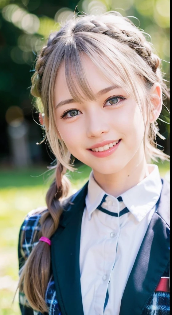 (ultra-detailliert), Tartan check jacket,high-school uniform、Blue eyes,The upper part of the body、a closeup、faces、(A smile:1.5),(facing front:1.2), 20yr old, teens girl,no tail,(no tail),2D, masterpiece, top-quality, animesque, A detailed eye, A detailed face, girl with, Only 1 person,Silver medium hair, (Silvery head hair), Ear Hair, small tits, Single braid, (Single braid), (Side braid), Pink ribbon, Ribbon around the neck, Background bokeh