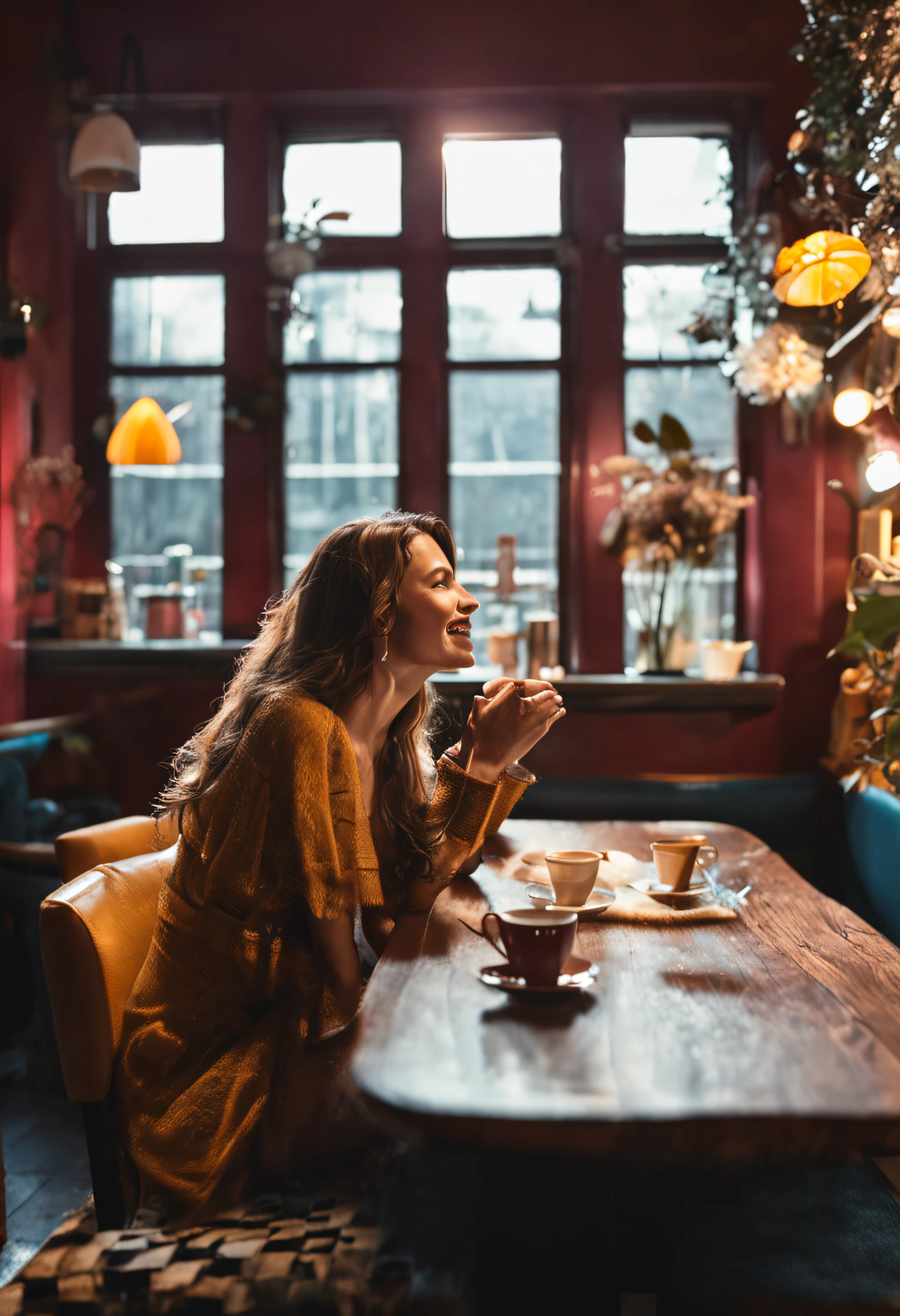 a pretty woman sitting at the table, with a coffee, seem very happy and intriguing