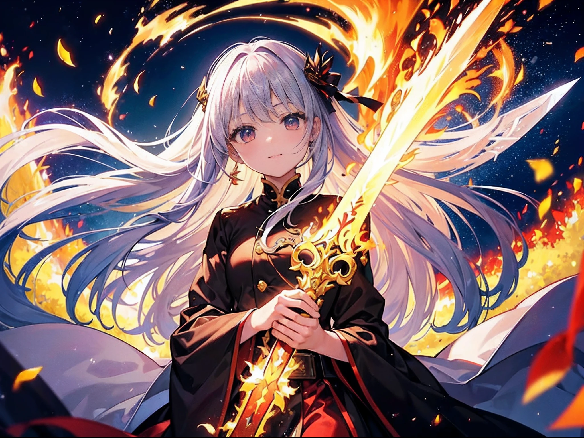 (((masterpiece)))、(((top-quality)))、((ultra-detailliert))、(illustratio)、((extremely delicate and beautiful))、、Bright smile、(Detailed light) (1girl in)、、独奏、The long-haired、The wind is blowing、A WORLD、(cute eye:1.5)、According to the contract、Follow me、Overlord of Flame、Come、Purification Flame、(Holding the Great Sword of Fire in Both Hands)、Fluttershy、Fire and brimstone through Sodom、Turning sinners into the dust of death、(Burning sky)