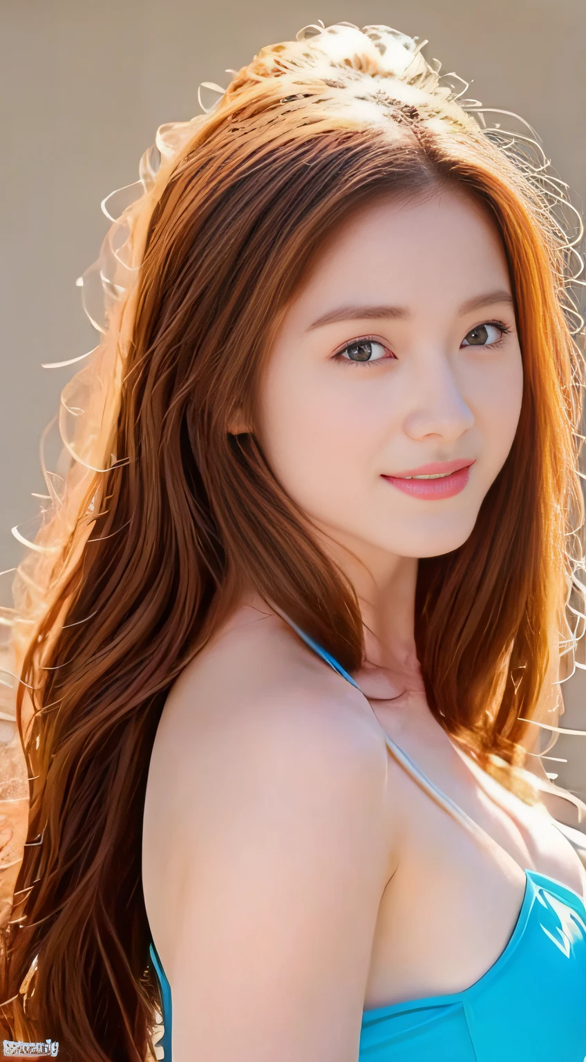 top-quality。８K-Picture。High pixel。The background is a vast ocean。Long bronze hair, Wavy Hair。Perfect beauty。Excellent style((Super burst breasts！：1.7))。Show off your lovely buddy in a colorful swimsuit。Sexy women for guys。((A look that beguiles a man))。time々、Take a sexy pose。like Marilyn Monroe。Pose Color々Although there is、Leave it to your imagination。Clean from throat to neck。Very delicate overall。This is perfect！