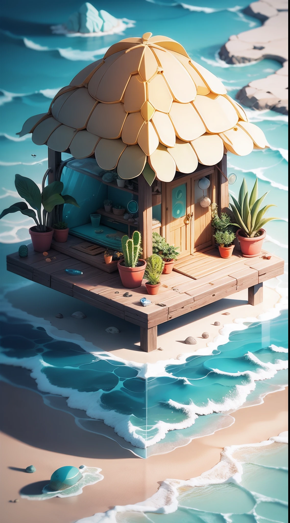 Isometric modern beach hut, glass, Sand, Shore, Ocean, cacti, Plants in pots