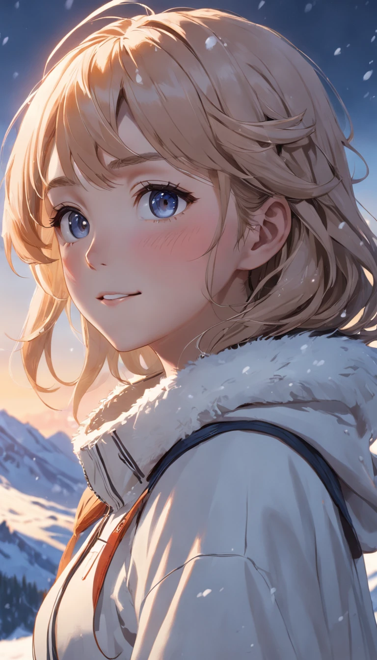 portrait of beautiful smiling woman with some freckles, snow-covered mountain landscape background,perfect eyes, dramatic lighting, golden ratio details aesthetic octane render excellent composition natural textures 8k masterpiece canon eos r4s 50, perfect eyes
