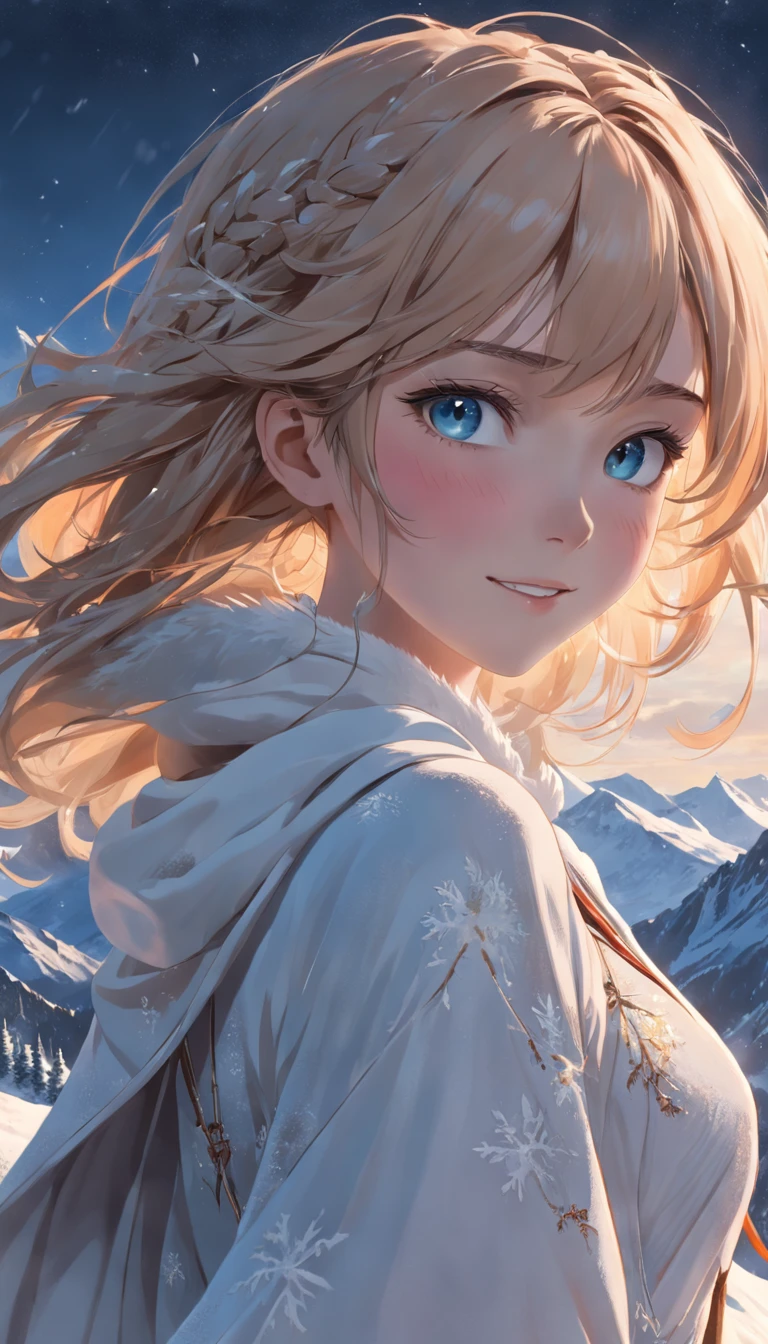 portrait of beautiful smiling woman with some freckles, snow-covered mountain landscape background,perfect eyes, dramatic lighting, golden ratio details aesthetic octane render excellent composition natural textures 8k masterpiece canon eos r4s 50, perfect eyes