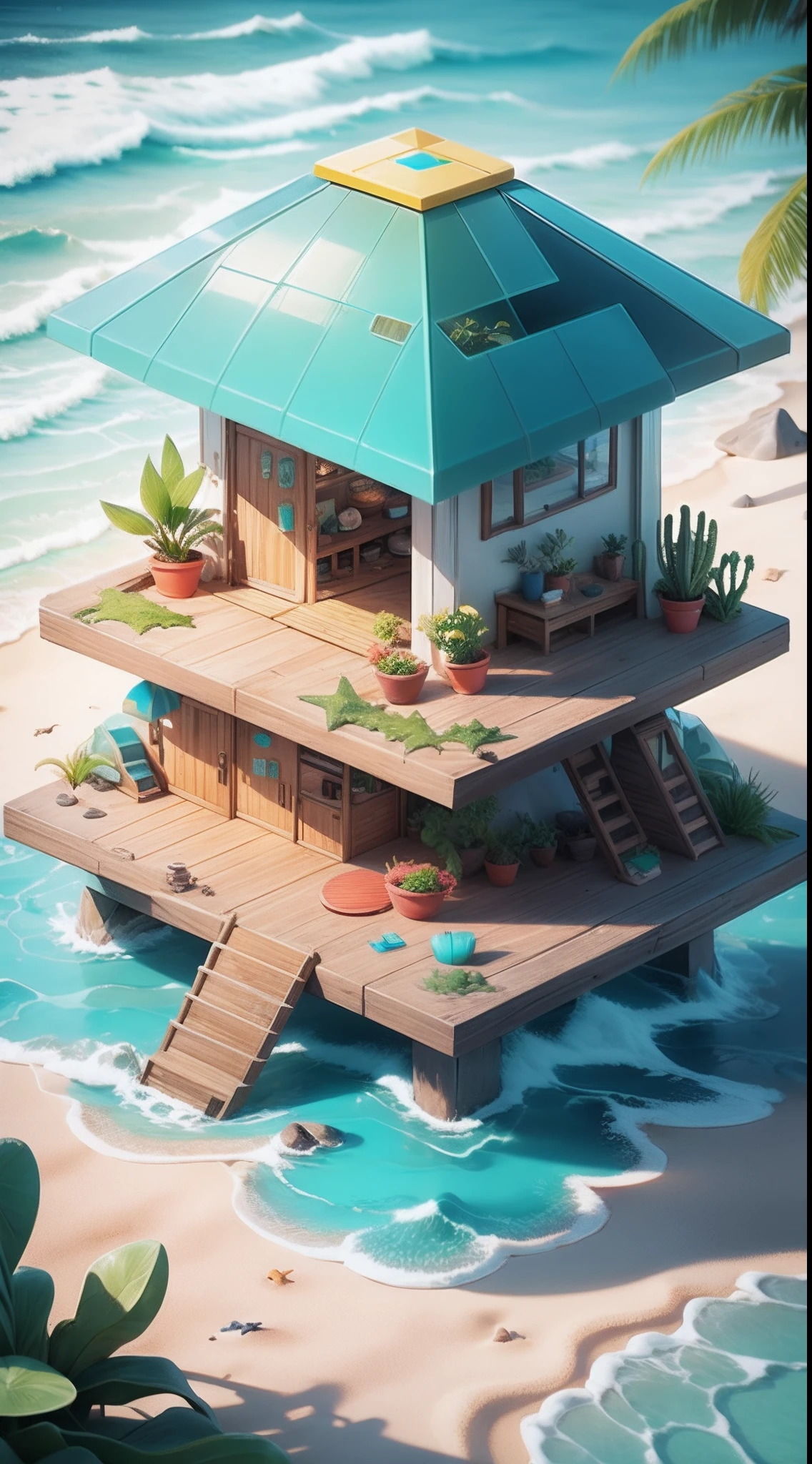Isometric modern beach hut, glass, Sand, Shore, Ocean, cacti, Plants in pots