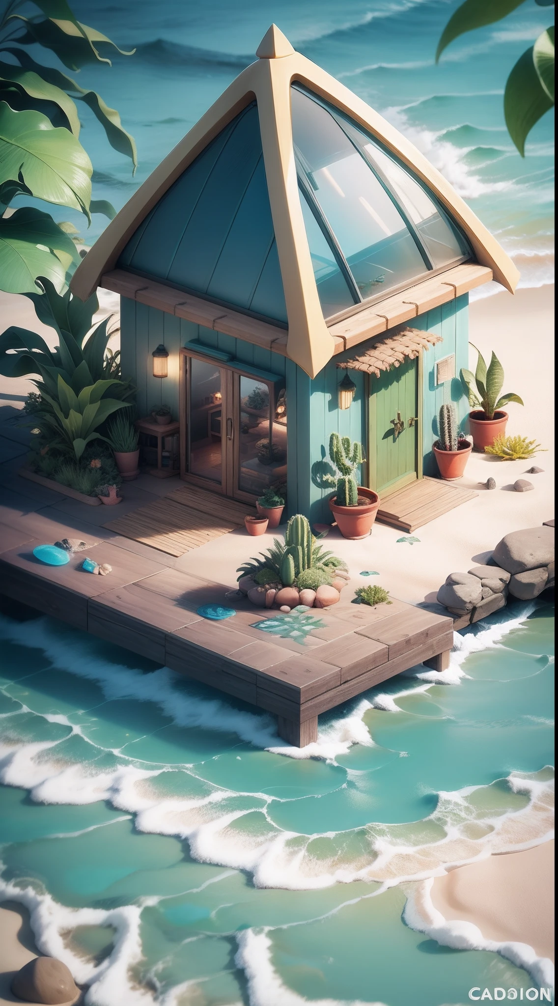 Isometric modern beach hut, glass, Sand, Shore, Ocean, cacti, Plants in pots