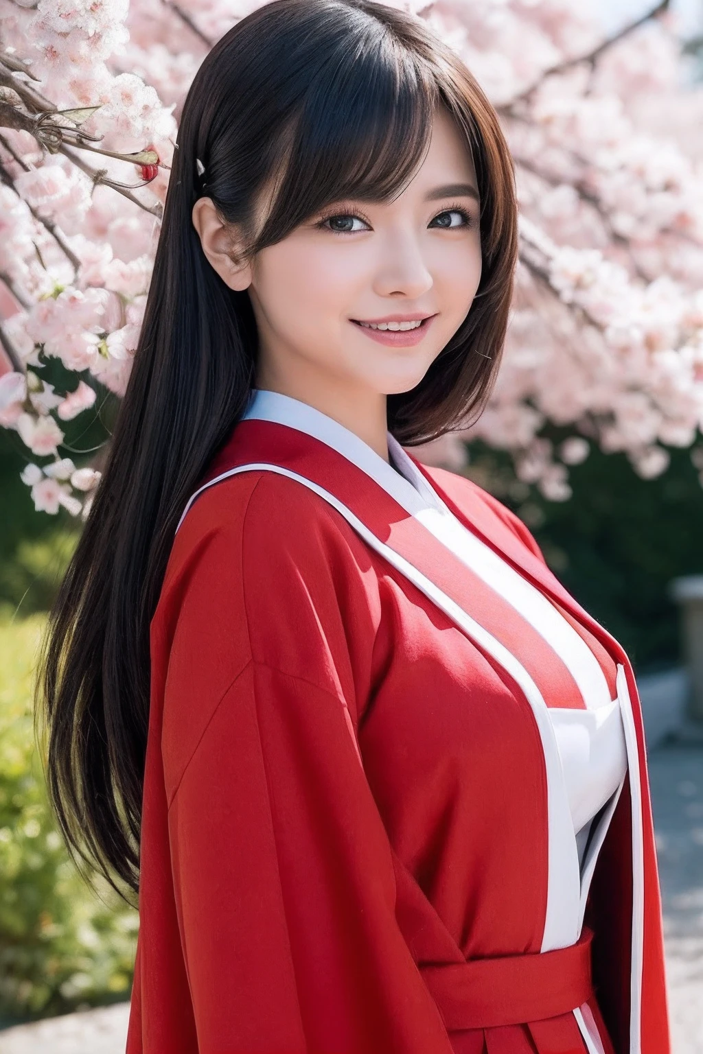 (​masterpiece、top-quality、ultra-detailliert、rays of sunshine、电影灯光)、(Japan Anime Cosplay、)、(Famous idol girls of Japan、)、(goddess of Japan、Wearing a suit、Red Hakama、)、(Black hair、Cherry Blossom Hair Ornament、hair pin、)、Holding a broom、Look at viewers、A beautiful face that captivates the viewer、(Background of the precincts、)、Stand on the ground of pebbles、Floating hair、bending forward、large full breasts、Beautiful breast slip、Shiny skin、the wind、beautifull hands、Beautiful Finger、An elaborate masterpiece、Intricate details、A detailed face、detailed hairs、Detailed red mouth、Detailed red cheeks、Smile of shame、Female Ana