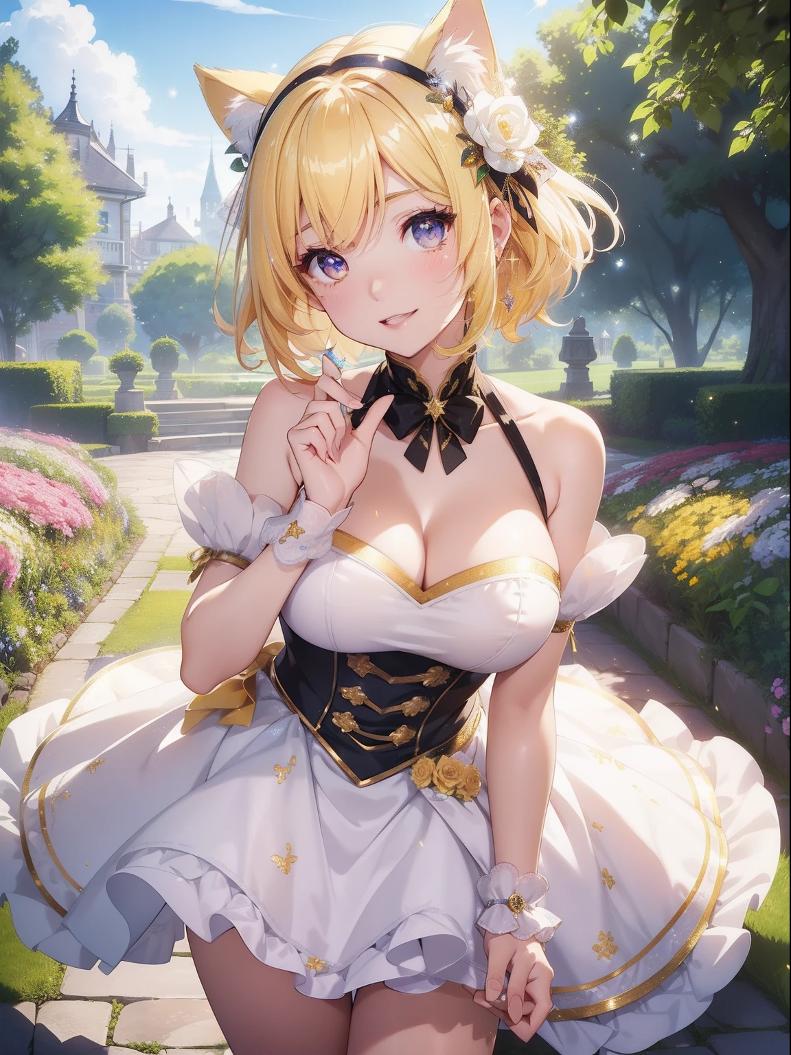 masutepiece, High resolution, 8K, anime woman, Delicate and detailed writing 、Detailed digital illustration、Short hair、perm、Shiny hair、Bangs、a very beautiful woman、Eyes are double, Large, Bust is D cup、High image quality, High quality、Detailed background、(((Wearing idol clothes)))、((Under a very sunny sky、Background of the flower garden))、The inside of the eye shines like a diamond、Light yellow hair、Gradient pupil、(((2 arms、4 fingers, 1 thumb)))、Detailed female face、Very beautiful and cute woman、、细致背景、masterpiece、Soft Focus , Bright gradient watercolor , Lens Flare , (((Glitter))) , Glow , Dreamy , Gingham check miniskirt、Idol、Yellow Ribbon、Very beautiful yellow rose hair accessories、Yellow and gold costume with white as the main color、((Straight at the angle of the front))、Glitter Cat Ear Headband、Opens mouth and laughs、Hand waving pose