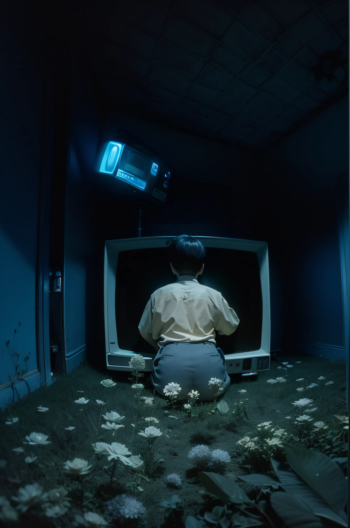 ((deep in the night、mid night、early dawn、In a dream、Images in a dream))、((big room、Room Flower Garden、Stuffed bear in the middle、TV On、TV only、blue lights))、((Nostalgic but unsettling photos、Images in a dream、image、horor、Pretty dark image、Grainy photo、Film Touch、color photograph))、,Wide Shot, ultra wide-angle,