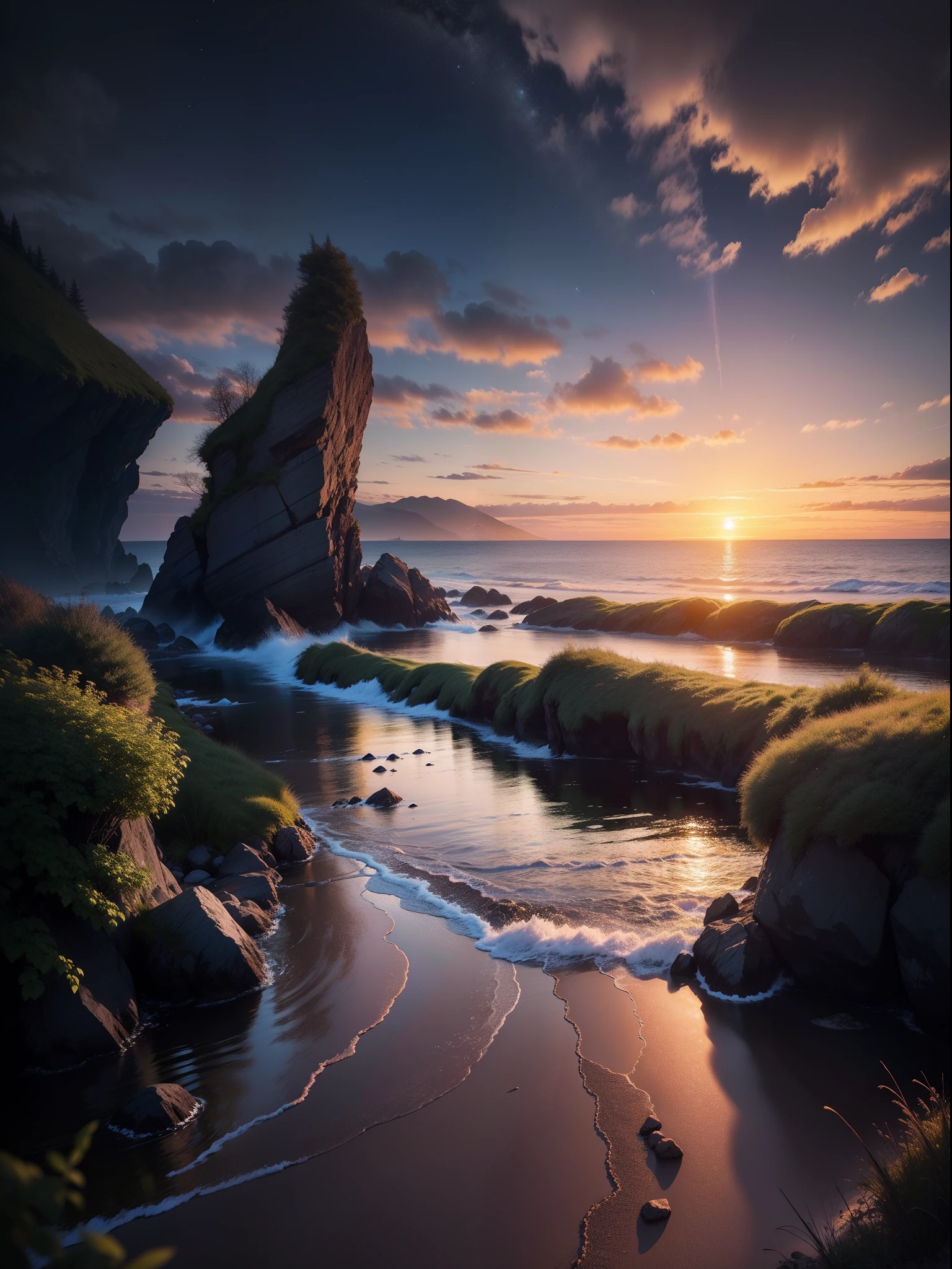 (8k, Meisterwerk) | psychedelisch, Sunset on the coast, ozeanisch, vielfarbig, Sterne, Trauminsel, Natur.