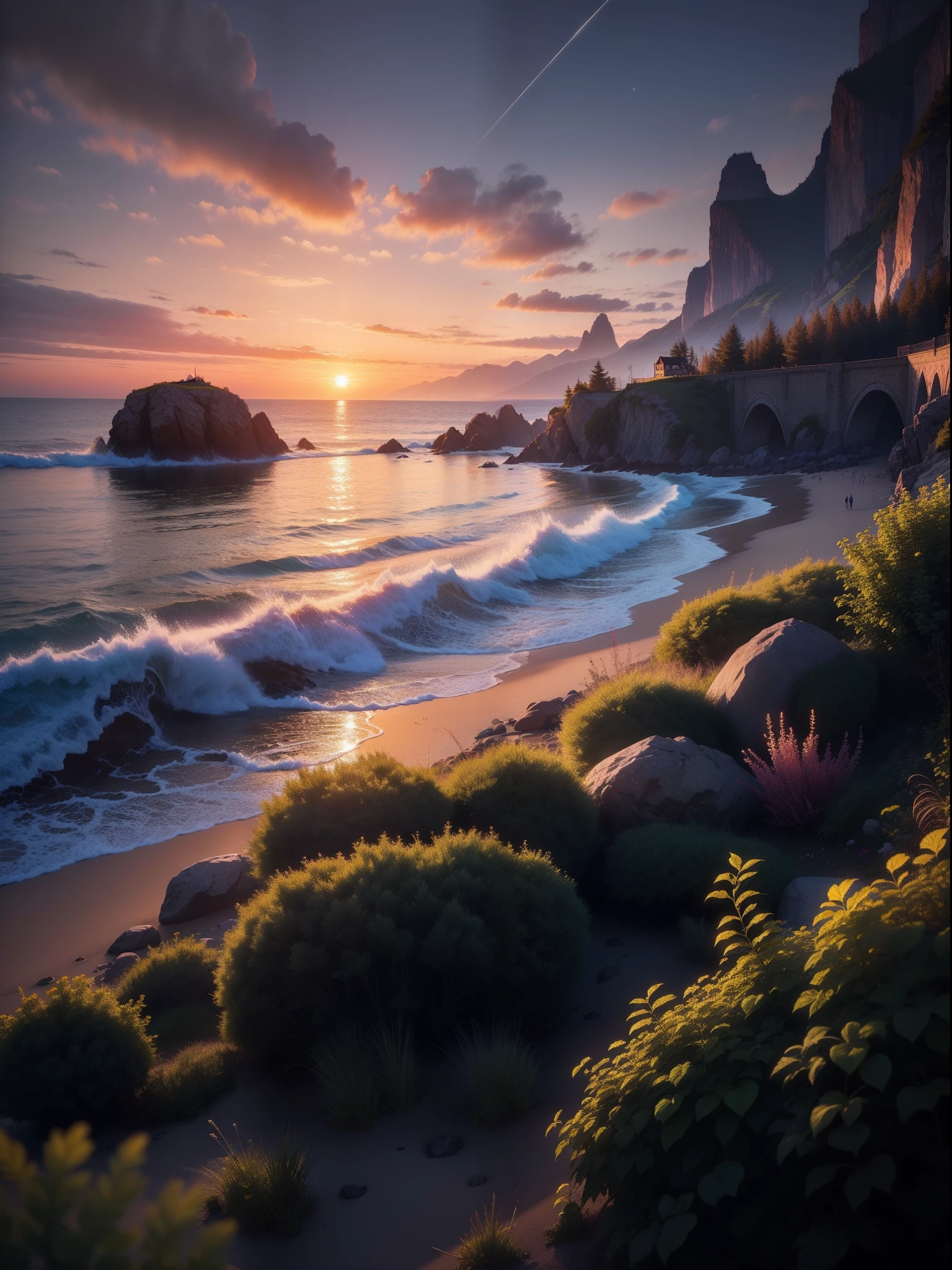 (8k, Meisterwerk) | psychedelisch, Sunset on the coast, ozeanisch, vielfarbig, Sterne, Trauminsel, Natur.
