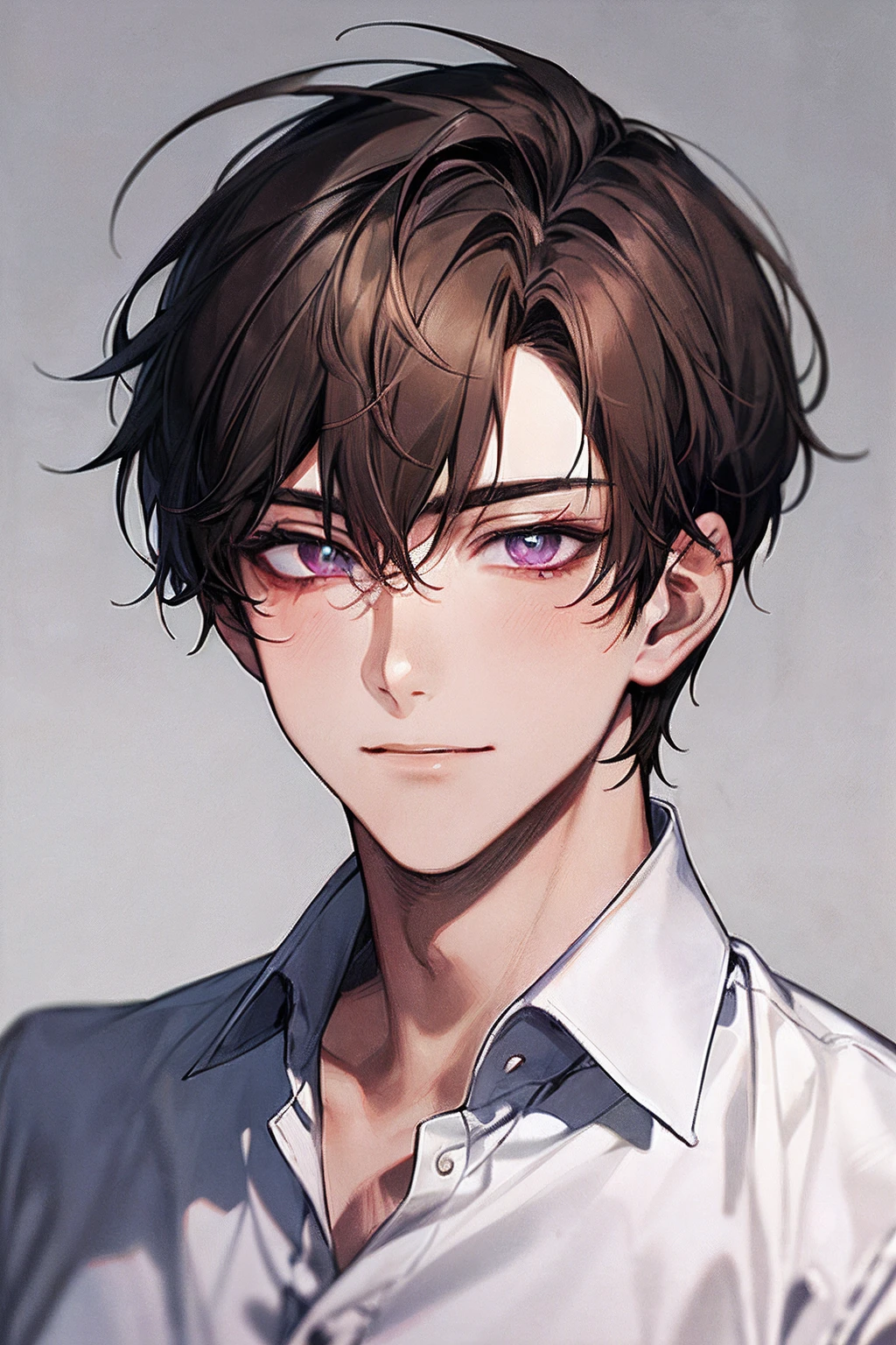 (24-year-old boy, adulto, Short brown hair:1.2, ojos color purpura, rostro maduro, detalles faciales:1.1, retrato, enfoque facial),(traje de negocios, camisa blanca).