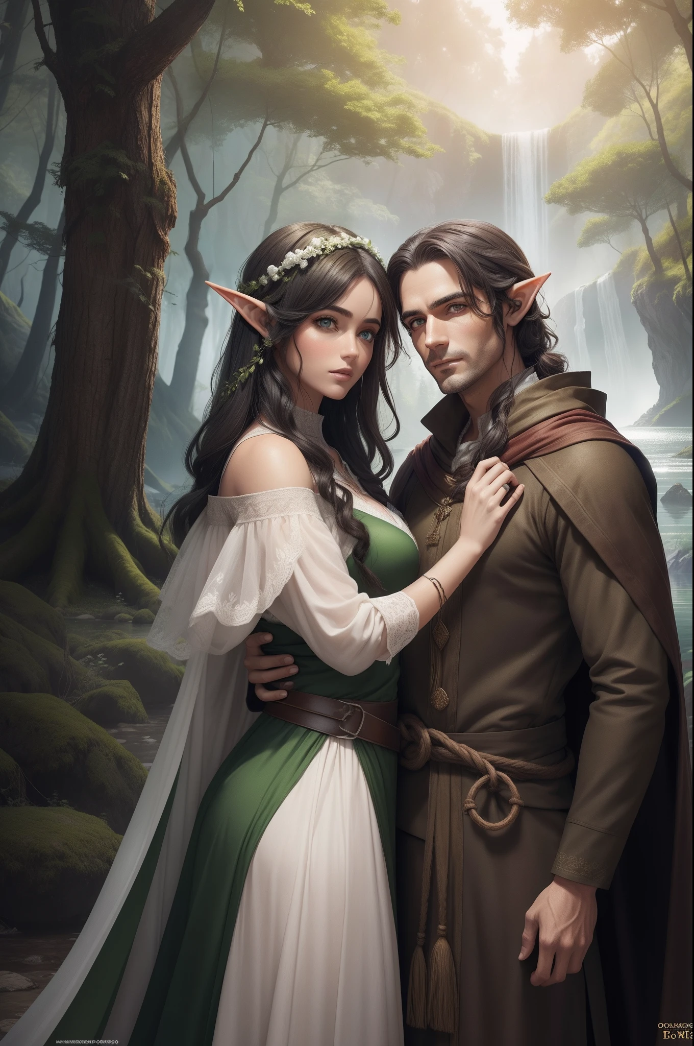 (Homem elfo com cor morena pardo e com olhos verdes), (Mulher elfa com cabelo branco e olhos cinzas), (Details of flowers and roots on their bodies), Man and Woman Couple of elves next to each other with their hands close inside a forest with lake background, Mais alta Qualidade, 4K, 8K, unreal engine, personagem de RPG, illustration, extremamente detalhado, detalhes profissionais, obra-prima, personagens ilustrativos, arte.