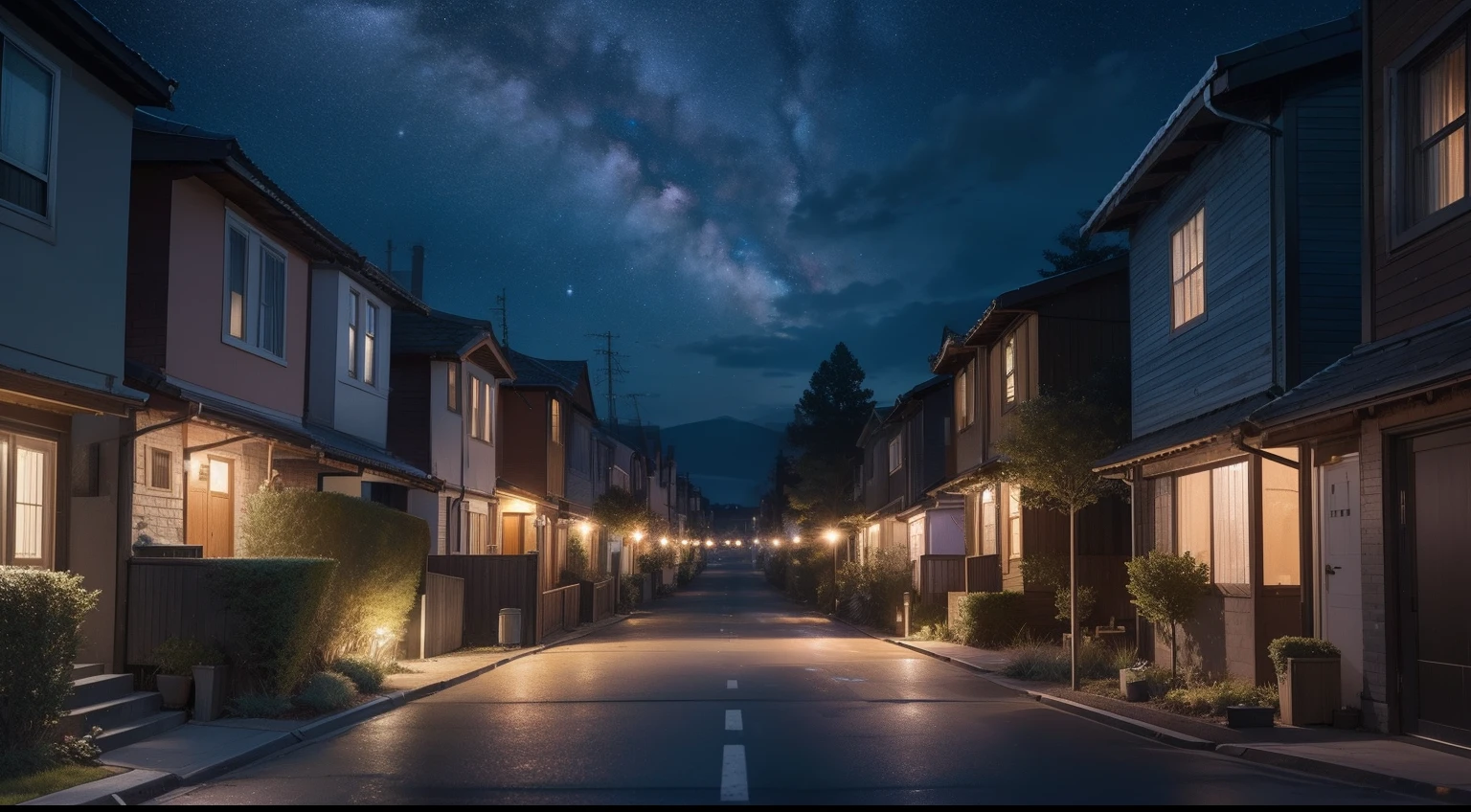 Now, with the camera positioned on the ground and facing upwards, the image depicts a quiet residential street lined with numerous houses. The camera’s perspective captures the entire length of the street, stretching from one end to the other.
The houses on either side of the street vary in size and architectural style, each with its own unique charm. The warm glow of lights emanates from the windows, indicating that life exists within these homes even in the late hours of the night. The street is peaceful, with no signs of activity or people present, allowing the viewer to focus on the scene unfolding above.
As the camera continues to gaze upward, the houses gradually become smaller and less prominent, eventually blending into the background. The night sky takes center stage, filling the majority of the image with its captivating expanse.
The stars twinkle and shimmer, filling the dark canvas above with their luminous presence. The moon, whether full and radiant or a slender crescent, casts a soft glow upon the scene. The colors in the night sky range from deep indigo to shades of black, with occasional hints of purples and blues, creating a stunning backdrop against which the houses stand.
The image prompt invites reflection on the harmony between the human world and the vastness of the cosmos. It portrays a serene neighborhood, with the quiet streets and the twinkling lights bringing a sense of tranquility. The vast night sky above symbolizes the infinite possibilities and wonders of the universe.
This scene prompts viewers to contemplate their place within the grand scheme of things, encouraging a sense of introspection and connectedness to the cosmos. Whether as a backdrop for a moment of quiet contemplation or as inspiration for cosmic adventures, the night sky and the neighborhood below offer limitless opportunities for storytelling and exploration.