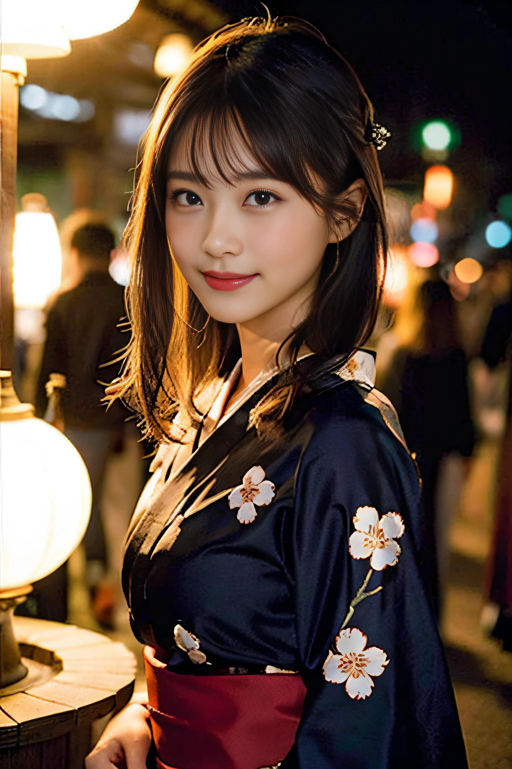 (8K、Raw photography、top-quality、​masterpiece:1.2)、(realisitic、Photorealsitic:1.37)、ultra-detailliert、超A high resolution、女の子1人、beautifull detailed face、A smile、Constriction、(Slim waist) :1.3)、Beautiful detailed skin、Skin Texture、Floating hair、Professional Lighting、Whole human body、Longhaire、a blond、Japan floral yukata、matsuri、inside in room、Bob Hair、Background of the fireworks display、look behind