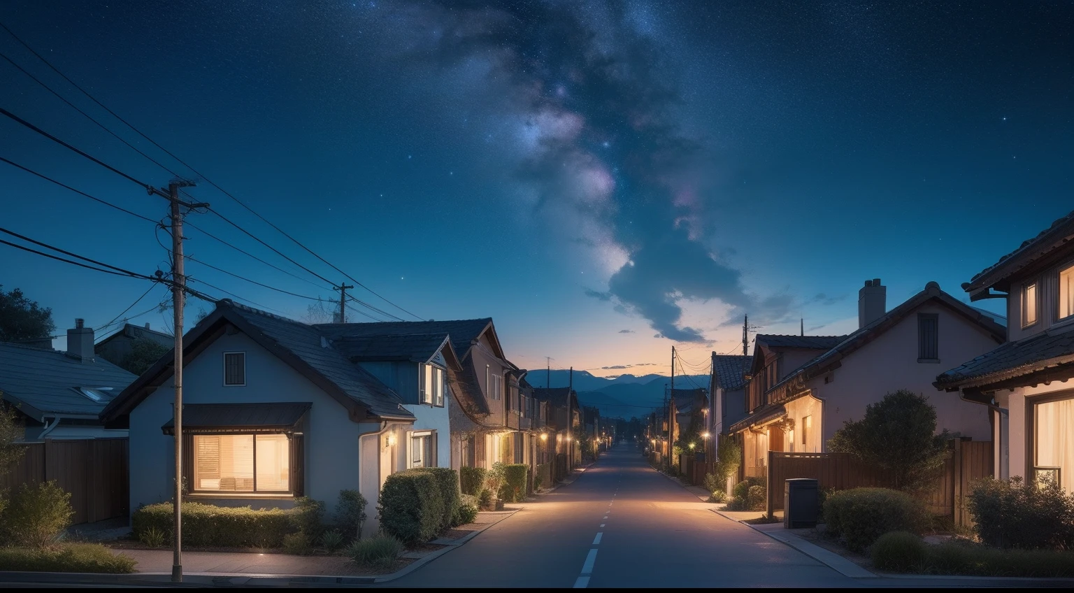 Now, with the camera positioned on the ground and facing upwards, the image depicts a quiet residential street lined with numerous houses. The camera’s perspective captures the entire length of the street, stretching from one end to the other.

The houses on either side of the street vary in size and architectural style, each with its own unique charm. The warm glow of lights emanates from the windows, indicating that life exists within these homes even in the late hours of the night. The street is peaceful, with no signs of activity or people present, allowing the viewer to focus on the scene unfolding above.

As the camera continues to gaze upward, the houses gradually become smaller and less prominent, eventually blending into the background. The night sky takes center stage, filling the majority of the image with its captivating expanse.

The stars twinkle and shimmer, filling the dark canvas above with their luminous presence. The moon, whether full and radiant or a slender crescent, casts a soft glow upon the scene. The colors in the night sky range from deep indigo to shades of black, with occasional hints of purples and blues, creating a stunning backdrop against which the houses stand.

The image prompt invites reflection on the harmony between the human world and the vastness of the cosmos. It portrays a serene neighborhood, with the quiet streets and the twinkling lights bringing a sense of tranquility. The vast night sky above symbolizes the infinite possibilities and wonders of the universe.

This scene prompts viewers to contemplate their place within the grand scheme of things, encouraging a sense of introspection and connectedness to the cosmos. Whether as a backdrop for a moment of quiet contemplation or as inspiration for cosmic adventures, the night sky and the neighborhood below offer limitless opportunities for storytelling and exploration.