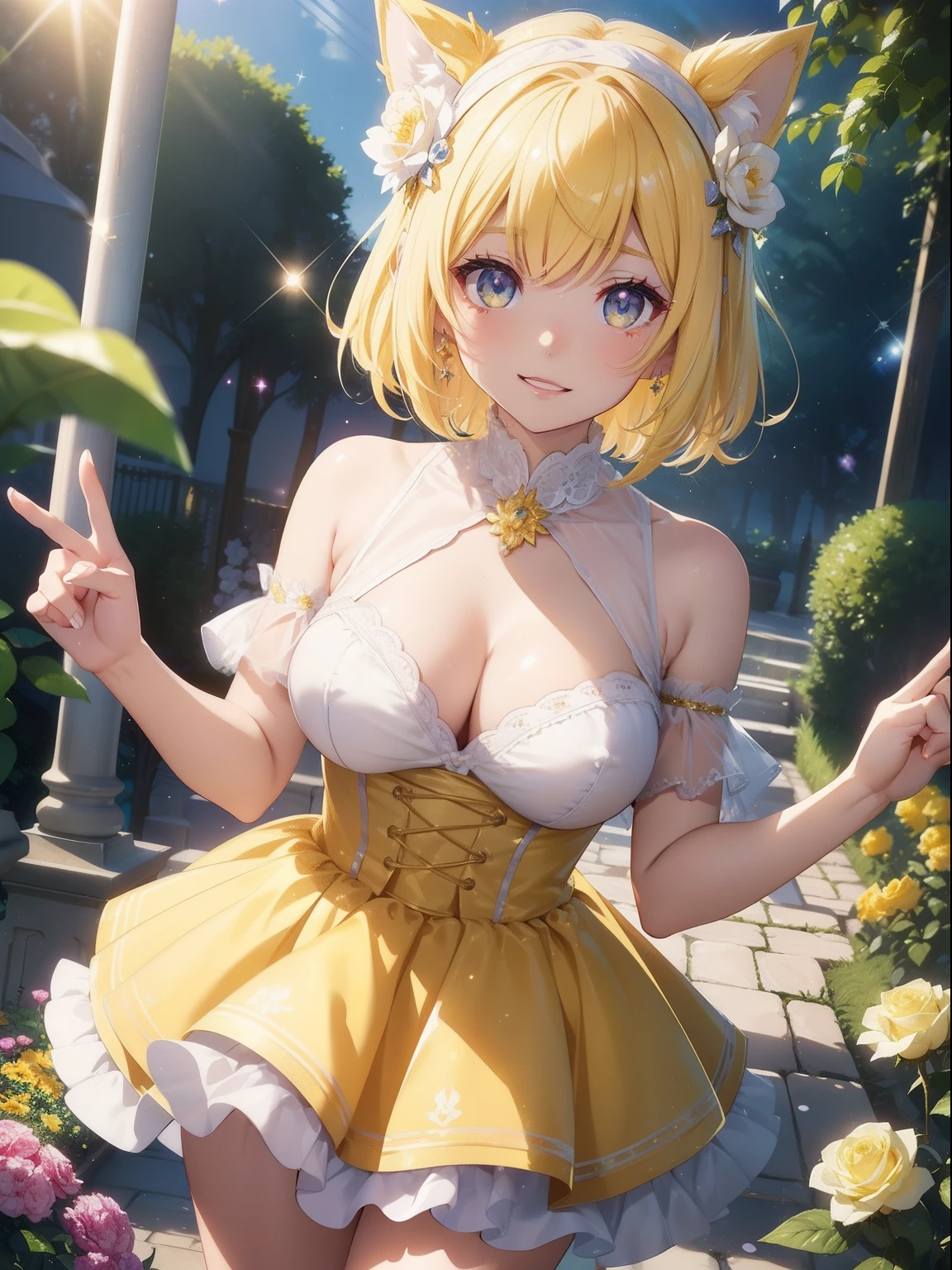 masutepiece, High resolution, 8K, anime woman, Delicate and detailed writing 、Detailed digital illustration、Short hair、perm、Shiny hair、Bangs、a very beautiful woman、Eyes are double, Large, Bust is D cup、High image quality, High quality、Detailed background、(((Wearing idol clothes)))、((Under a very sunny sky、Background of the flower garden))、The inside of the eye shines like a diamond、Light yellow hair、Gradient pupil、(((2 arms、4 fingers, 1 thumb)))、Detailed female face、Very beautiful and cute woman、、细致背景、​masterpiece、Soft Focus , Bright gradient watercolor , Lens Flare , (((Glitter))) , Glow , Dreamy , Gingham check miniskirt、Idol、Yellow Ribbon、Very beautiful yellow rose hair accessories、Yellow and gold costume with white as the main color、((Straight at the angle of the front))、Glitter Cat Ear Headband、Opens mouth and laughs、Hand waving pose