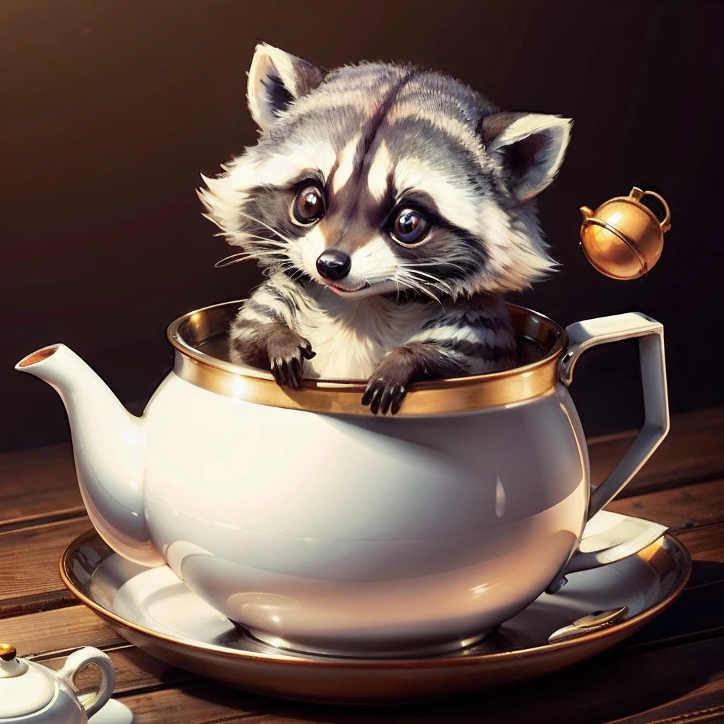 Cute raccoon sitting in a teapot