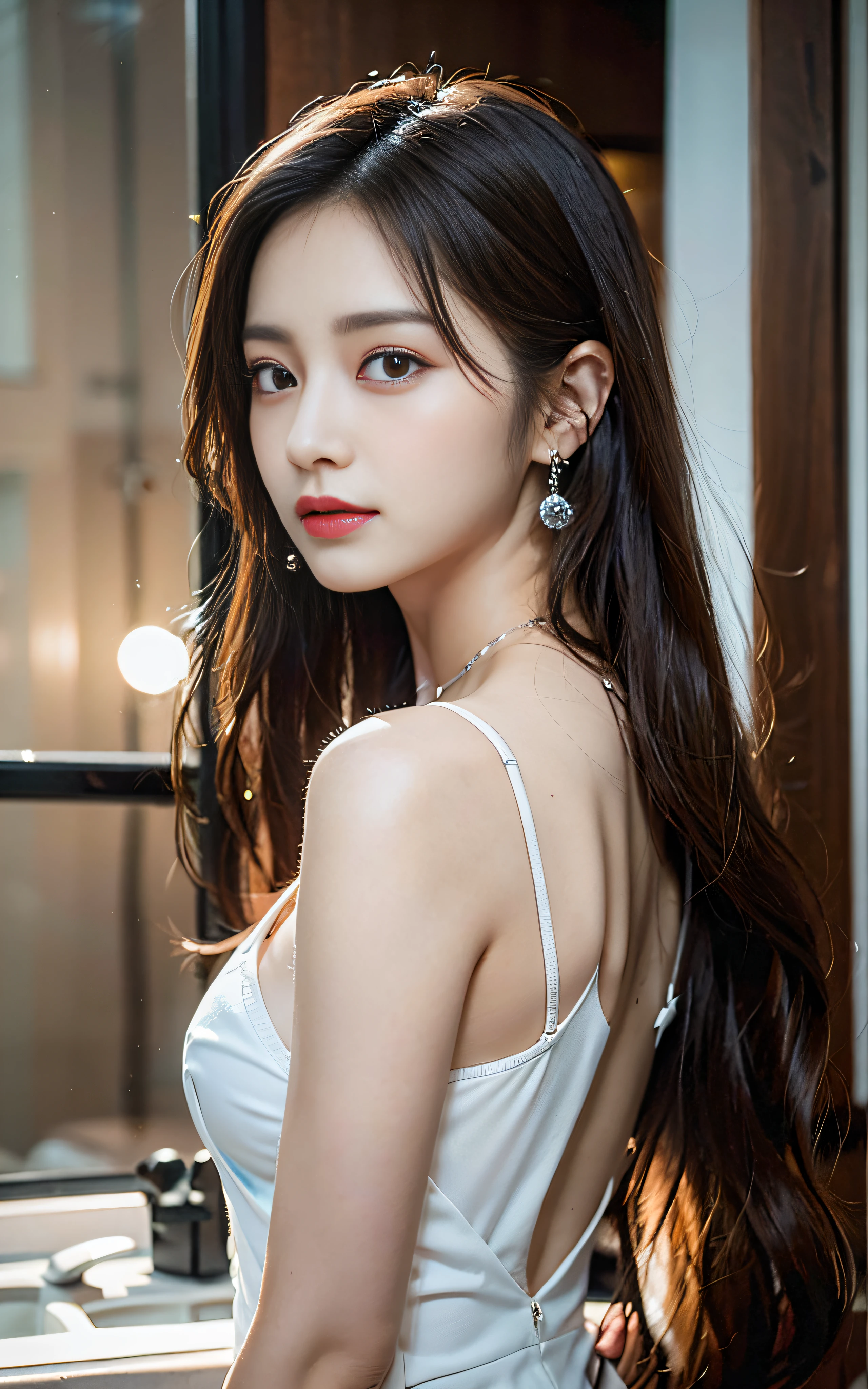 arafed woman in a white dress posing for a picture, Gorgeous young Korean woman, beautiful Korean women, Beautiful young Korean woman, (((beautiful countenance))),(((big eye))),(((Beautiful eyes))),(((long lashes))),((Beautiful teeth alignment)),gorgeous chinese model, (((huge tit))), ((Chest cleavage)),(( nippleless)),Korean Girl, dilraba dilmurat, korean artist, Korean Woman, jaeyeon nam, korean female fashion model, Hwang Se - On, captured on canon eos r 6, Choi Hong Hwa