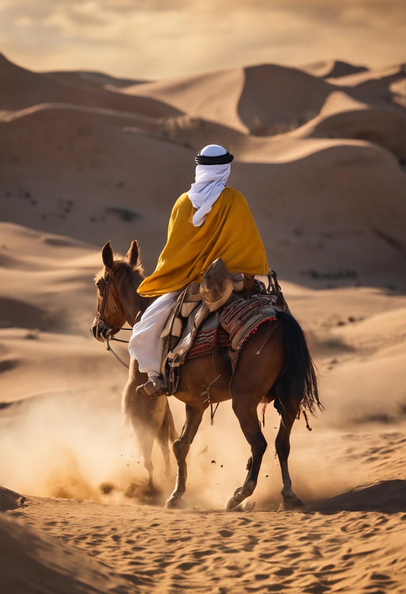 arab male nomad on horseback,ancient nomad YELLOW OUTFIT arab with BLUE turban ride on horseback,rider