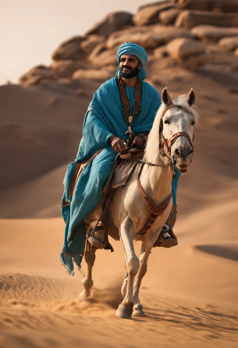 arab male nomad on horseback，ancient nomad YELLOW OUTFIT arab with BLUE turban ride on horseback，rider