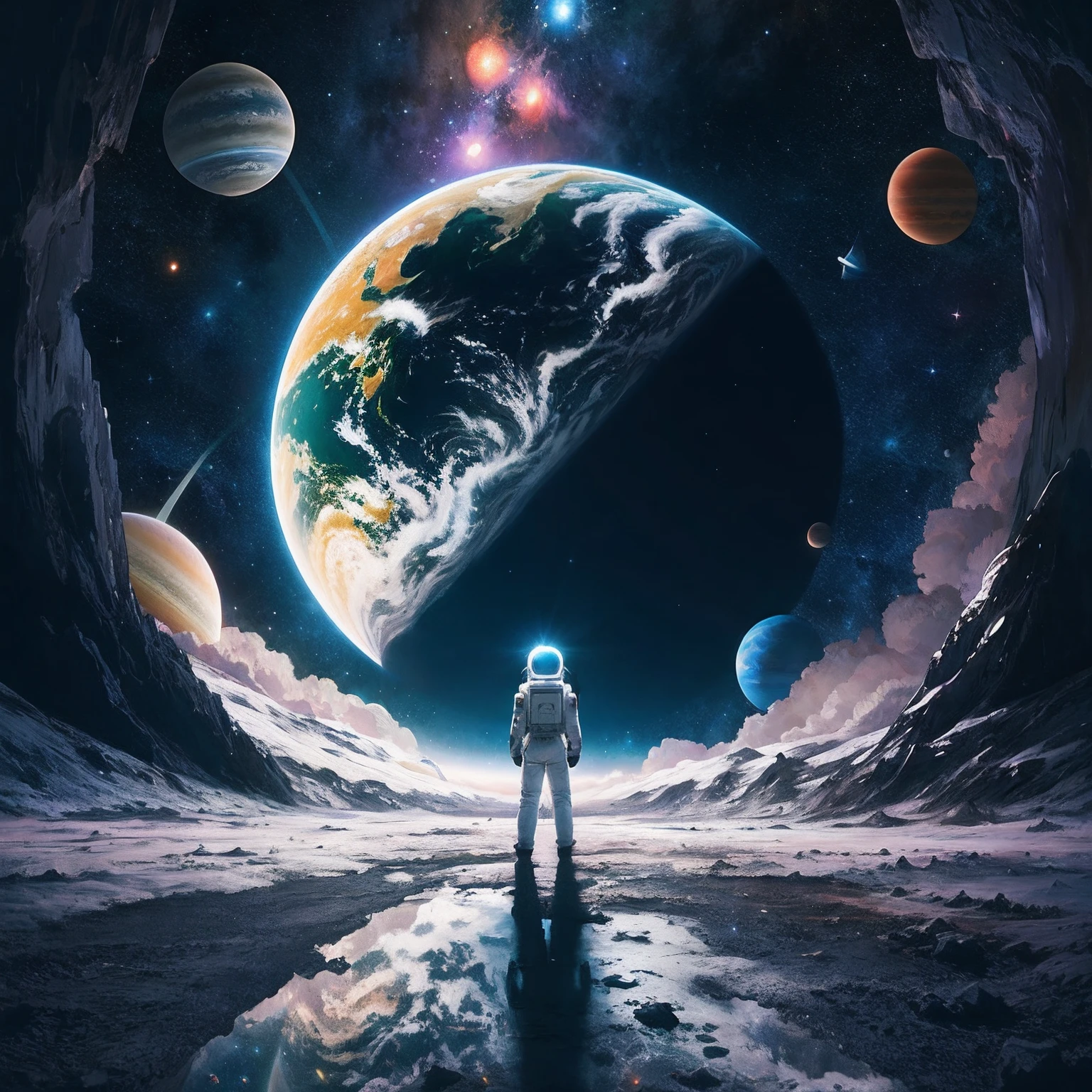 Astronaut standing in a tunnel looking at the planets, standing in outer space, staring into space, inspirado em Cyril Rolando, surreal space, Olhando para o cosmos, 8k arte impressionante, unknown space, arte de fundo, Beeple e Tim Hildebrandt, arte do bipe, Sci-Fi Digital Art Illustration, Portal to outer space, fantasy space