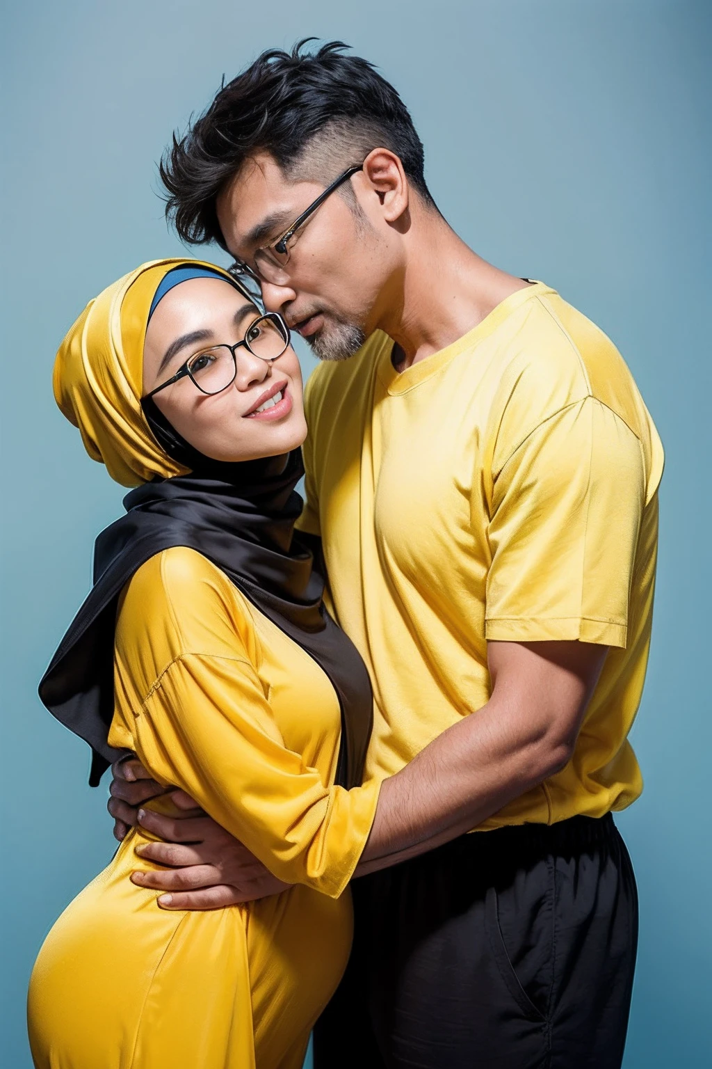 (masterpiece, best quality:1.2), portrait shot, 1 young teenage pregnant malay girl and 1 old malay man, kissing and hugging, looking at viewer, hand on hip, girl wear black color hijab, eyewear on head, girl wear yellow sexy satin pyjamas, man wear summer outfit ( yellow color), man behind girl, light blue background, studio background, family photography,