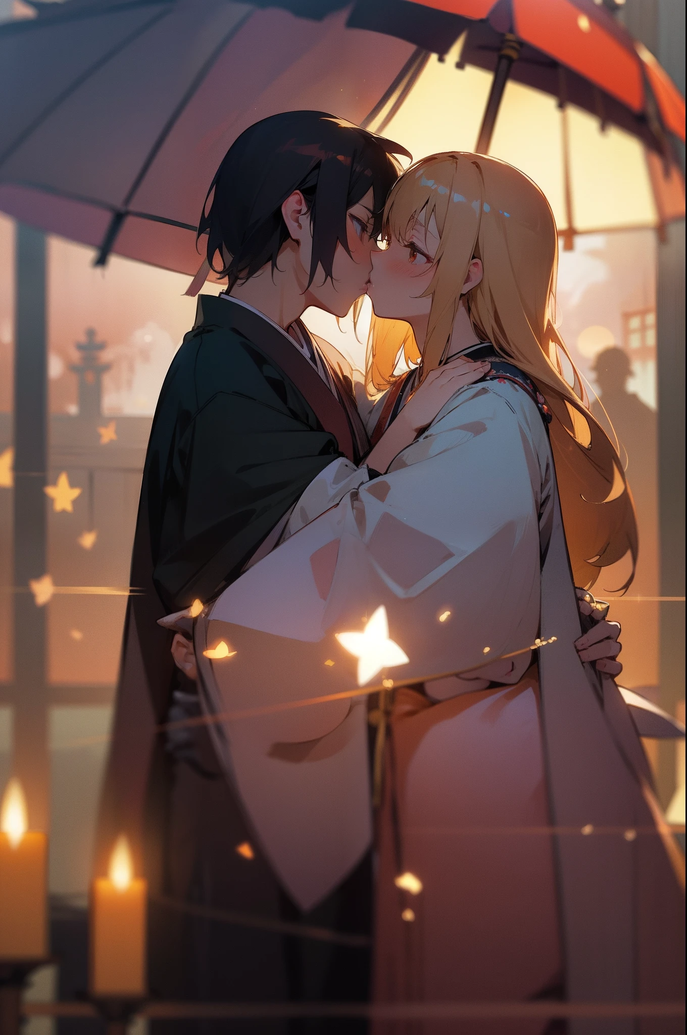 Japanimation, (((eroge))), Japanese scene, Japanese composition, extremely high level illustration, (((masterpiece))), best quality, extremely detailed, 16k, extremely high level illustration, absurd resolution, absurd detailed, yuri, extremely beautiful 2 ladies, kiss, hug, an extremely beautiful detailed village, lily, f1.4/35mm, perspective, depth of field, proportion, focus on face, blurry background, bokeh, sharp focus, depth and dimension, soft and warm lighting, fantasy lighting, beautiful detailed glow