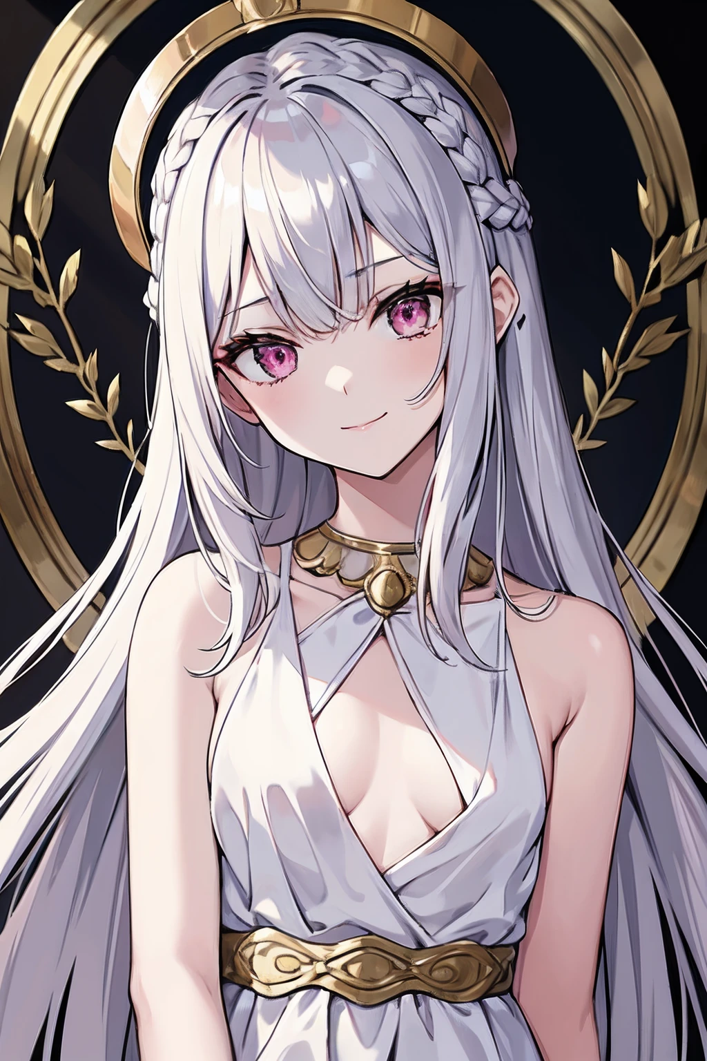 masterpiece, best quality, 16k, 1girl, solo, long hair, light hair, wavy hair, platinum hair, hair bangs, petite, (medium breasts:1.1), rating:safe, pink eyes, hair between eyes, evil smile, wearing a peplos, ancient greek dress, gold bracelets, arms behind back, head tilt, evil queen, royalty, goddess, majestic, winter, winter forest, face only, upper body