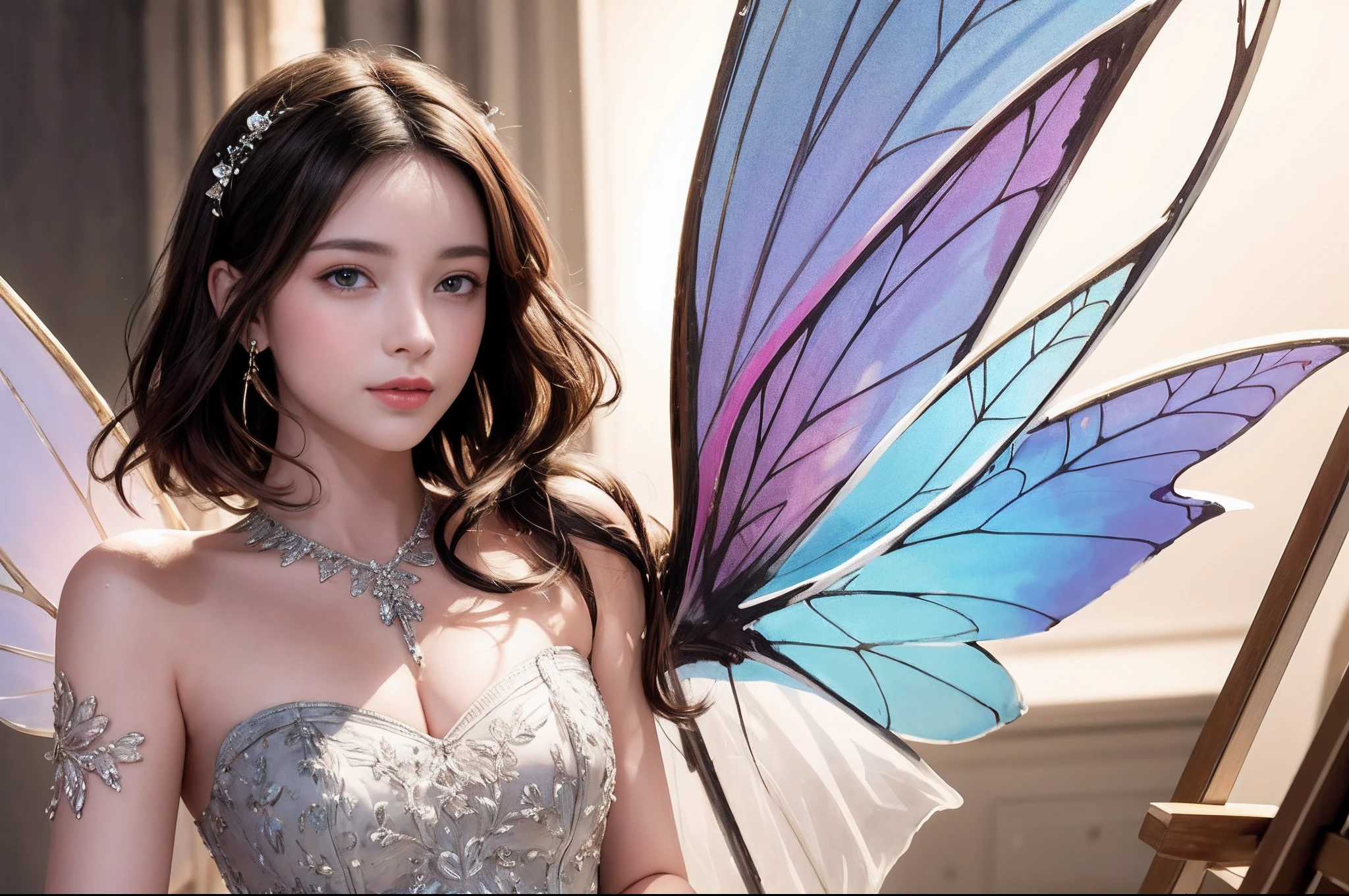 Masterpiece, Highest quality, (((Masterpiece))), (((Maximum level))), ((extra fine)), (illustration), ((Extremely delicate and beautiful)), Dynamic Angle, Floating, (Fairy wings: 1.4), (Beautiful detailed eyes), (Detailed light), (1 girl), Medium bust, Medium long hair, dark brown sparkling eyes, Dark brown hair, Bodycon dress, Natural, (Sunlight), (Painting), (Sketch), (flower), Slight smile, Pastel colors, full anatomy, Upper body, highly detailed beautiful face,