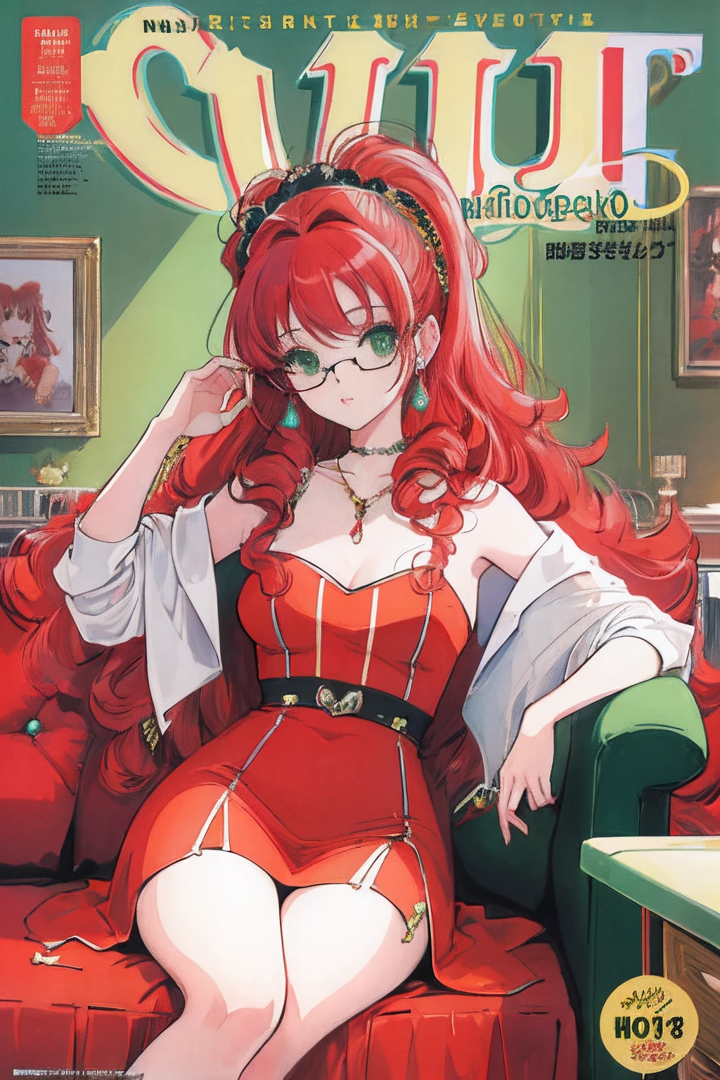 (masterpiece:1.3), best quality, official art, magazine cover, ultra detailed, 1girl, 1980s \(style\), elegant dress, living room, sitting on sofa, long hair, curly hair, red hair, green eyes, glasses, jewelry, art by [Aaron Horkey|Lisa Frank],