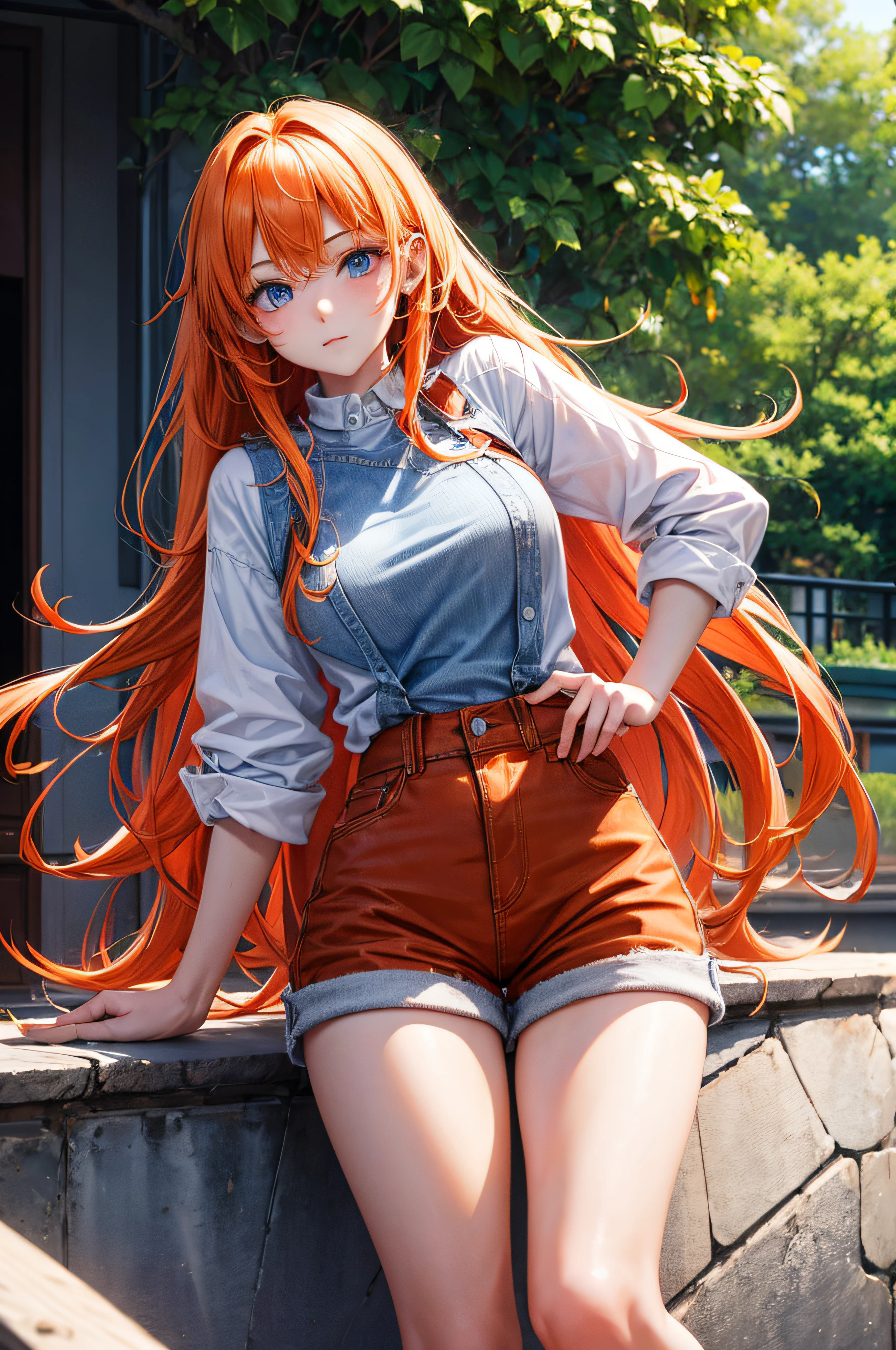 1girl, long orange hair, blue eyes, wearing plain white shirt, denim shorts, absurdes, high res, ultrasharp, 8K, masterpiece, looking at viewer