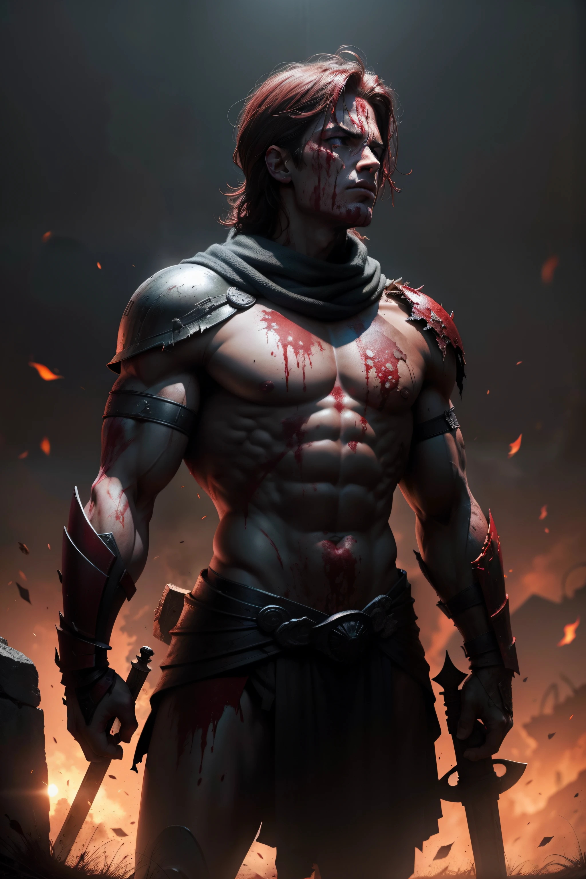 A spartan wich is coverd in blood with a backgroung that is standing on top of dead bloddy spartans