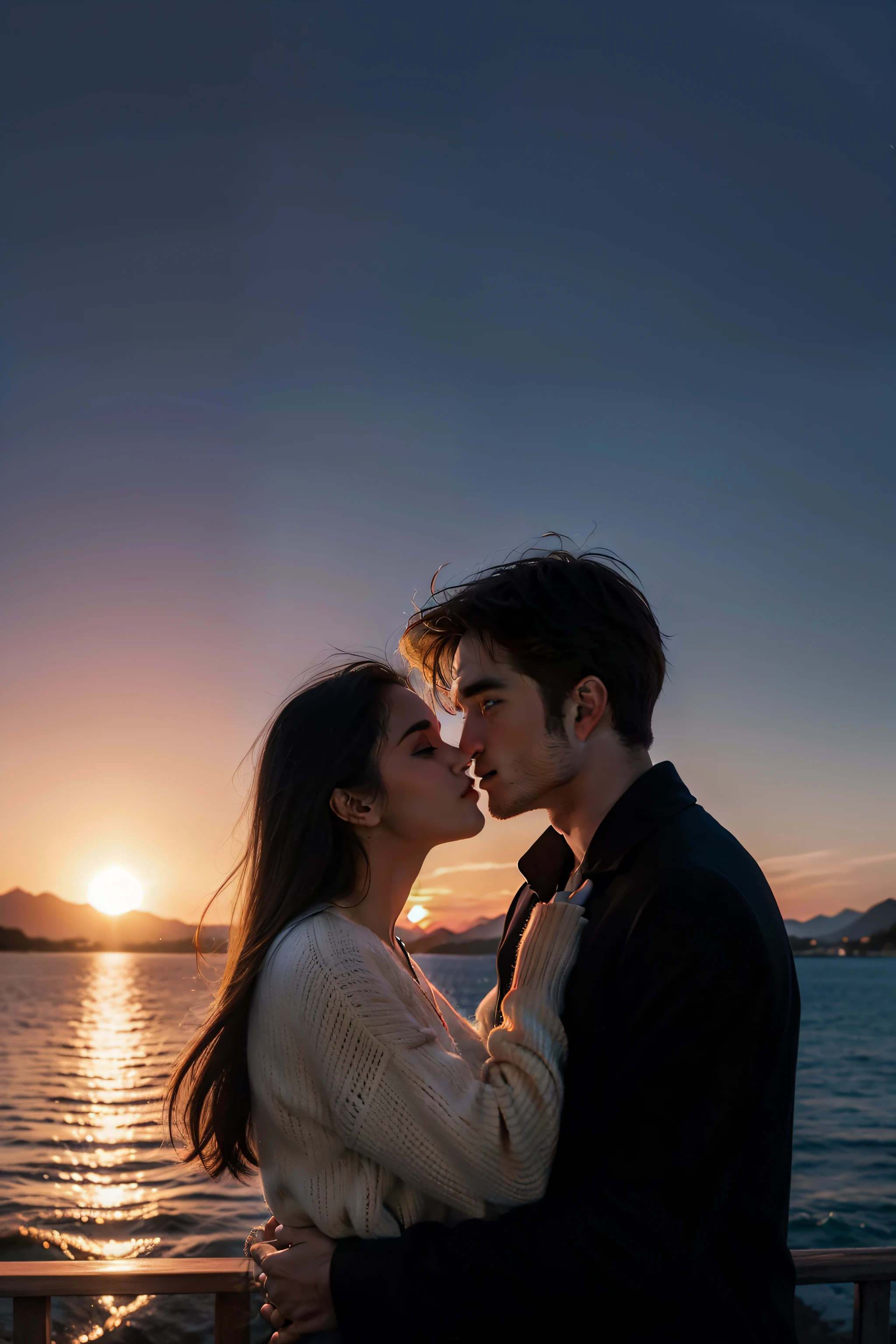 casal, homem robert pattinson, mulher morena, homem levantando mulher no colo, beijo, sunset lighting, lago de paisagem
