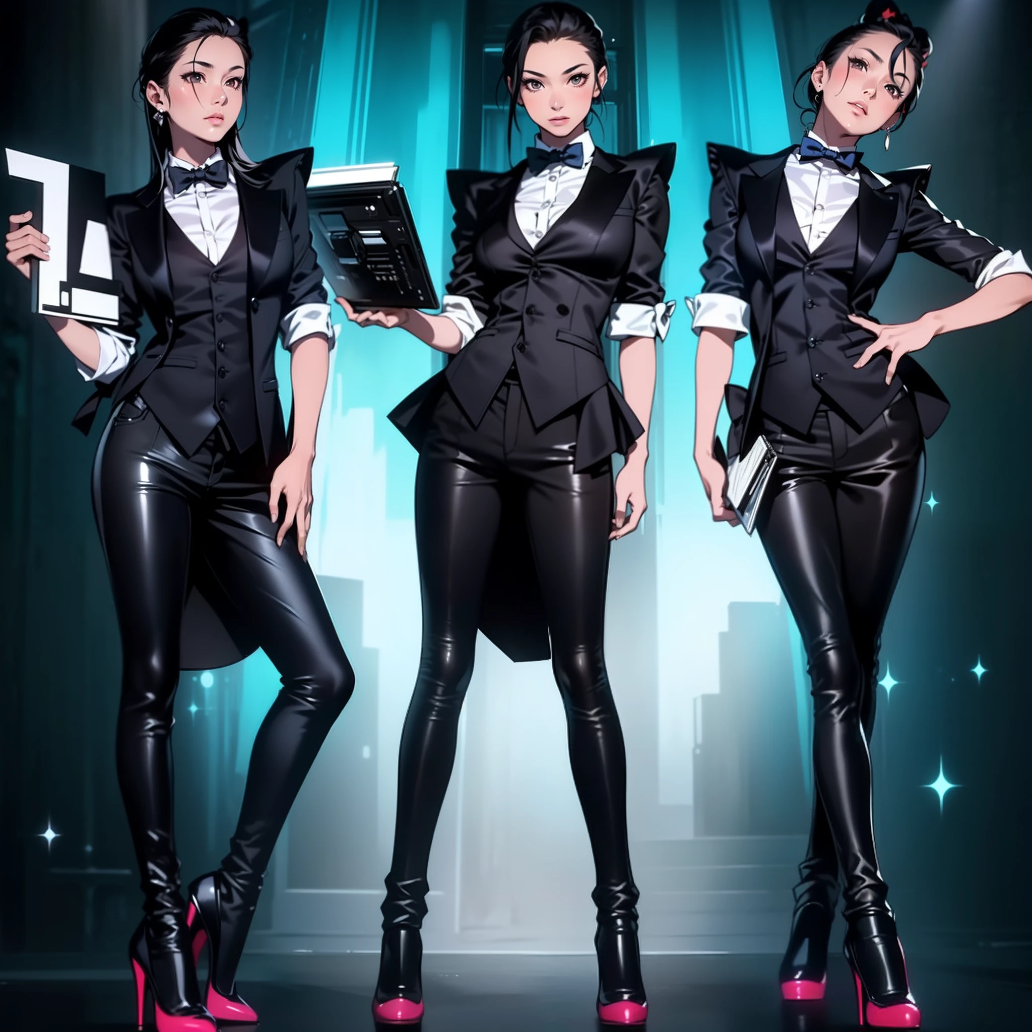(masterpiece:1.5),(bestquality),highlydetailed,ultra-detailed,(Asian:black hair),(bow),(bowtie),(high heels),(multiple girls:1.2),(pants),(realistic),(standing),(vest)