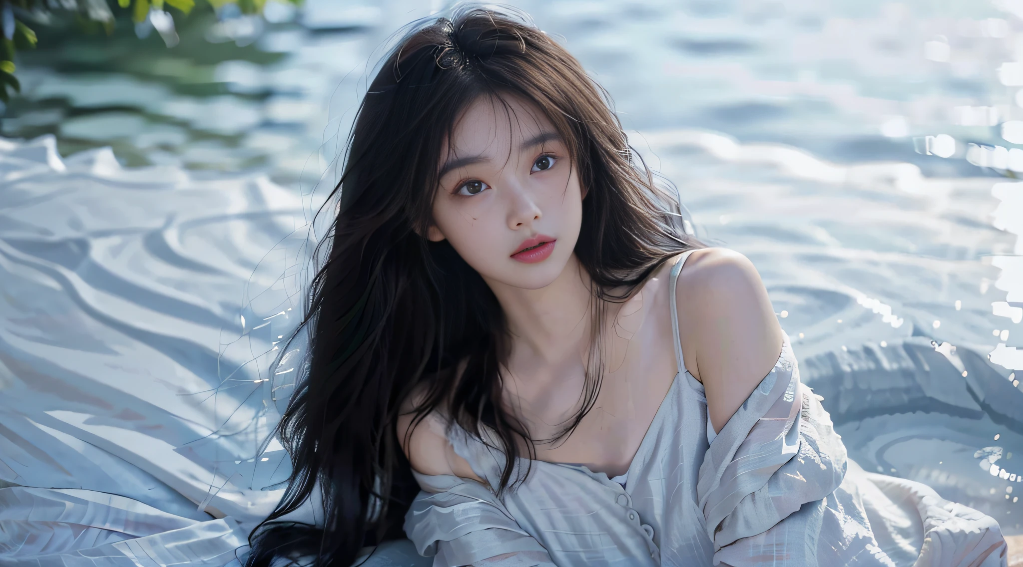 film portrait photography, 1girl, bare shoulders, wavy shoulder-length hair, serene, calm, (realistic detailed eyes, natural skin texture, realistic face details), soft dramatic lighting, depth of field, bokeh, vibrant details, finely detailed, hyperrealistic, 35mm film, hazy blur