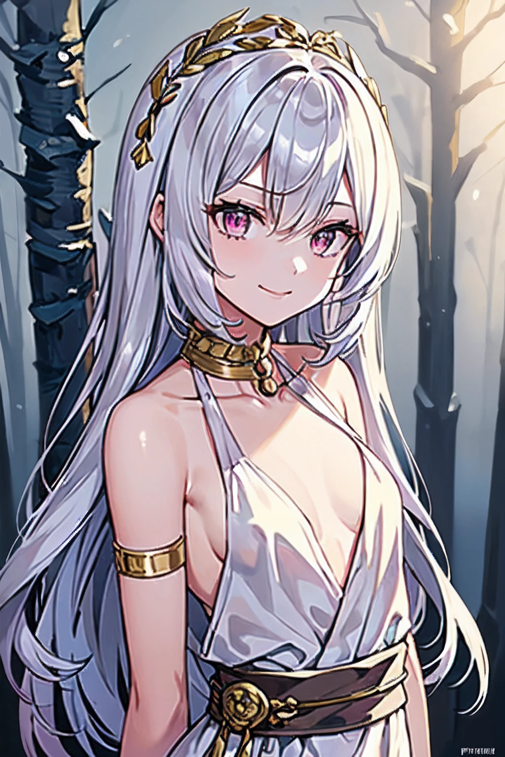 masterpiece, best quality, 16k, 1girl, solo, long hair, light hair, wavy hair, platinum hair, hair bangs, petite, (small breasts:1.1), rating:safe, pink eyes, hair between eyes, evil smile, wearing a peplos, ancient greek dress, gold bracelets, arms behind back, head tilt, evil queen, royalty, goddess, majestic, winter, winter forest, face only, upper body