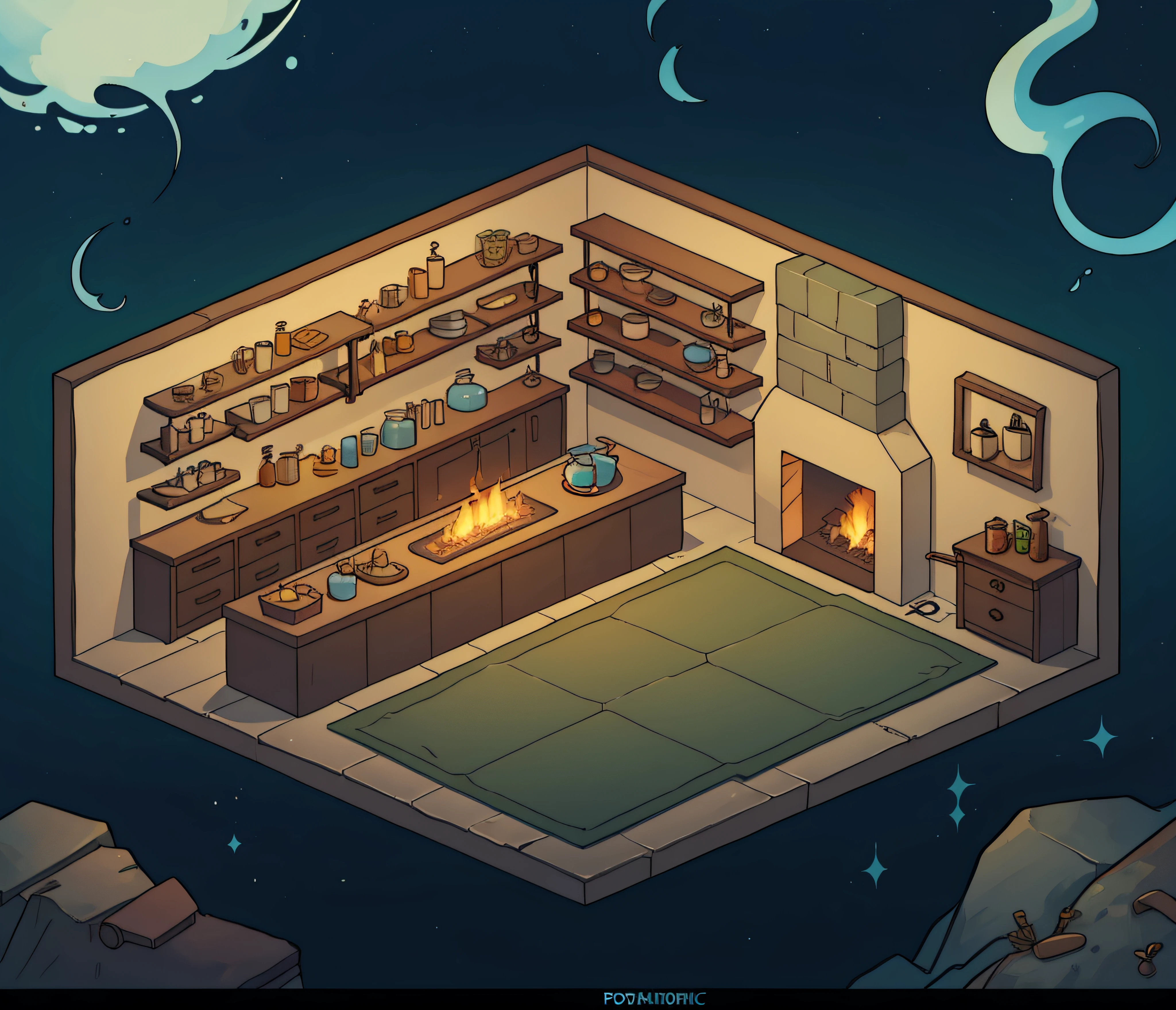 an isometric alchemist shop with potions, a cauldron, plants, mortar and pestle, one fire place