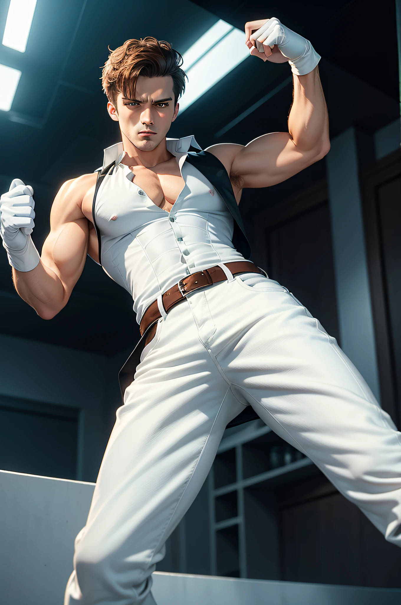 Serious man, Pretty decent figures, short light brown hair, Green eyes, Wearing white gloves, wear shirt, Sleeveless trench coat, jeans, Jumping boots, Villain, anime figure