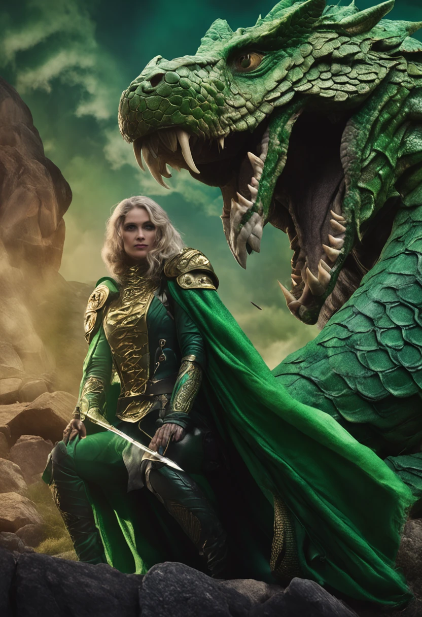 lamia woman, blonde, her skin of serpent scales, with serpent eyes, ancient paladin, wearing, wearing green overcoat, dark green plate armor