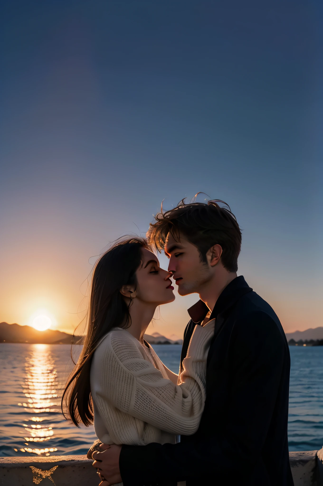 casal, homem robert pattinson, mulher morena, homem levantando mulher no colo, beijo, sunset lighting, lago de paisagem, olhos fechados