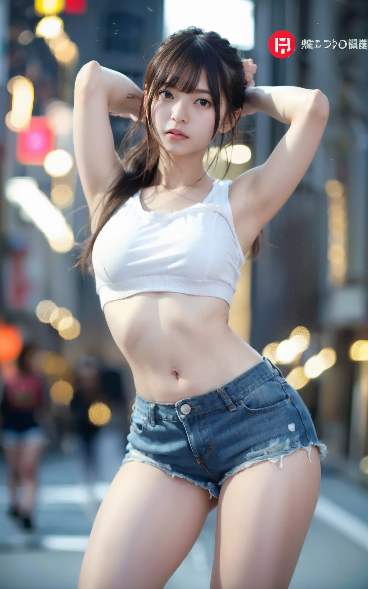 NSFW、女の子1人、on tokyo street、A city scape、Downtown at night、neons、a smile、((Dance in different poses))、(in 8K、Raw photography、top-quality、​masterpiece:1.2)、(realisitic、photoRealstic:1.37)、Highly detailed eyelash drawing、(((Top image quality))),Colossal tits、slender。Fine skin, (Beautiful hair), (Perfect Anatomy), (Realistic),Sensual look、top-quality、hight resolution、(((full bodyesbian)))、Denim Tight Shorts、Short T-shirt with stomach visible、(high-heels)