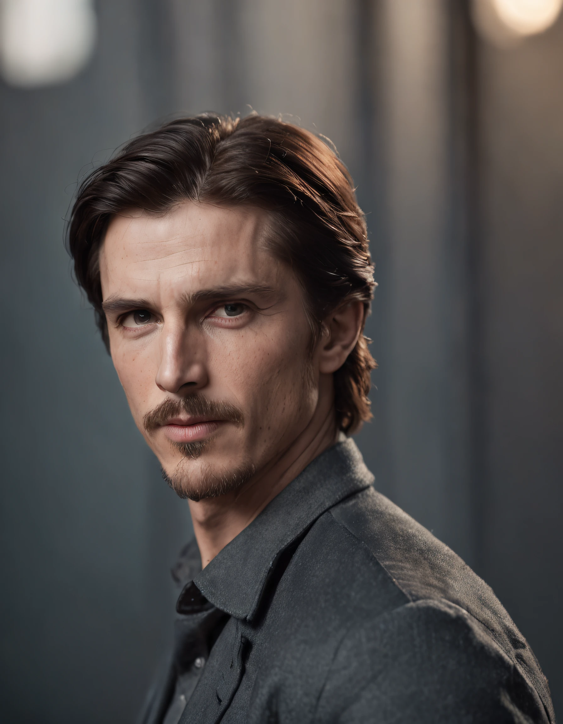 "Christian Bale", tmasterpiece, hiquality, Ultra-detailed, High-resolution cinematic photo, Dynamic perspective, Dynamic posture, loner, Cyan eyes, hair light, style of, Dark atmosphere, Exquisite face, beautiody.
