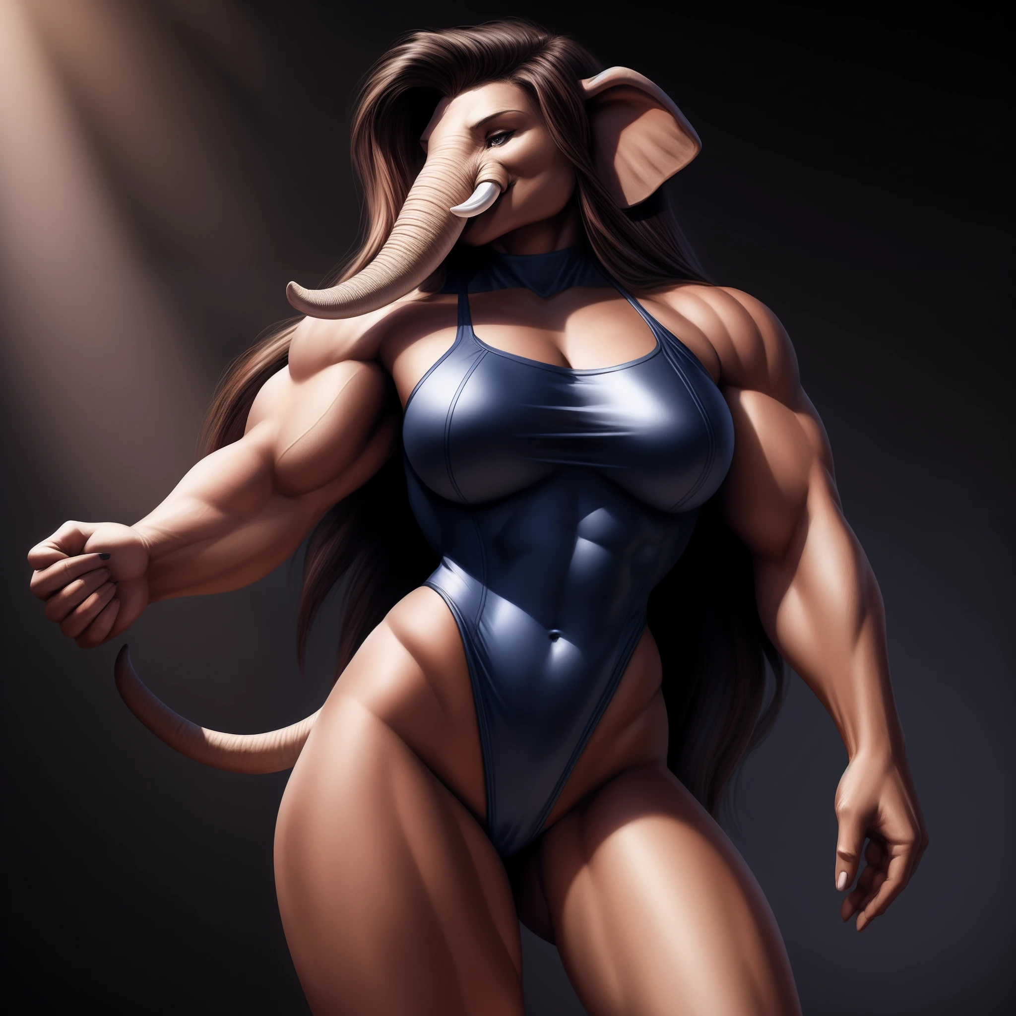 "Generate a realistic image of a fit and muscular anthro elephant woman with an attractive hourglass figure, dressed in a high-cut leotard. Highlight her well-endowed bust, long flowing hair, and an elongated trunk."